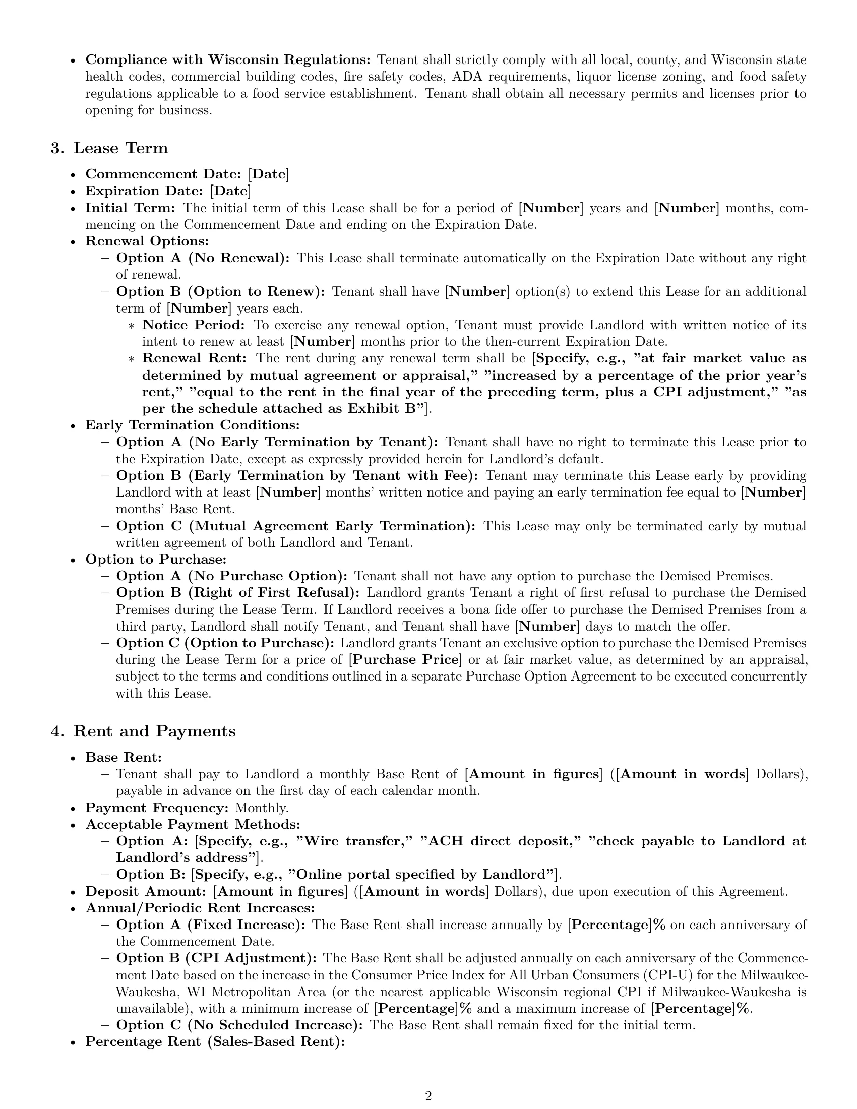 Preview page 2 of Pro Wisconsin restaurant lease agreement template