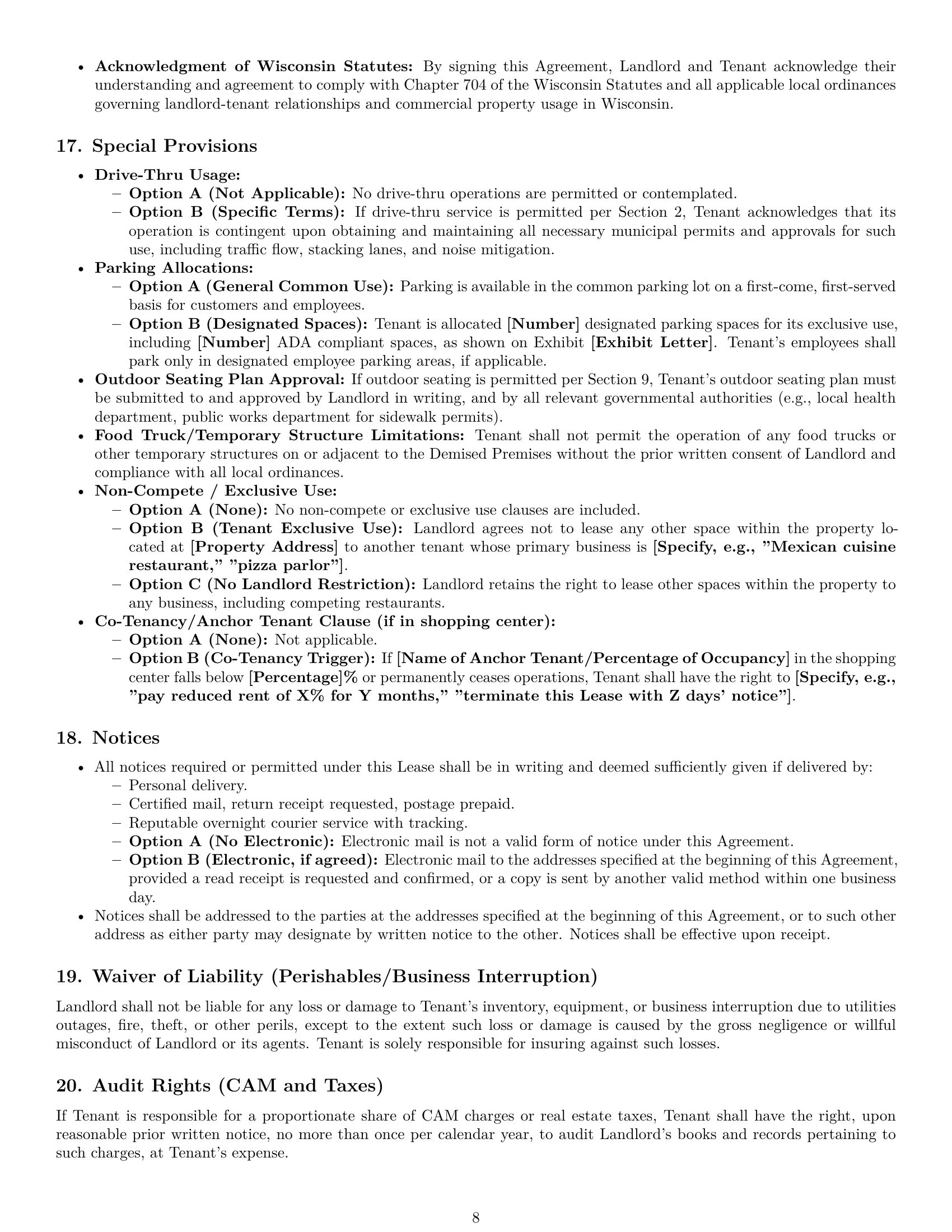 Preview page 8 of Pro Wisconsin restaurant lease agreement template