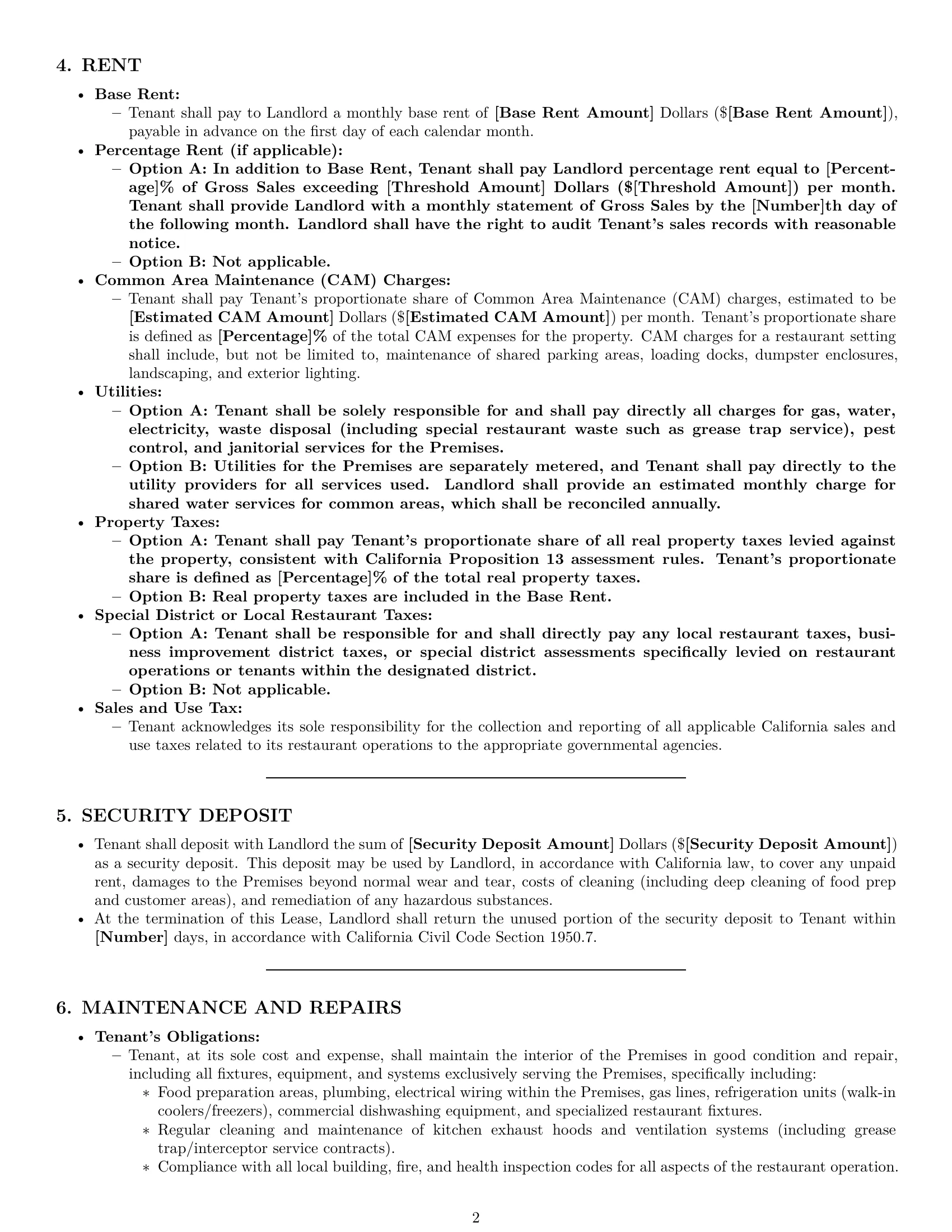 Preview page 2 of Pro California restaurant lease agreement template