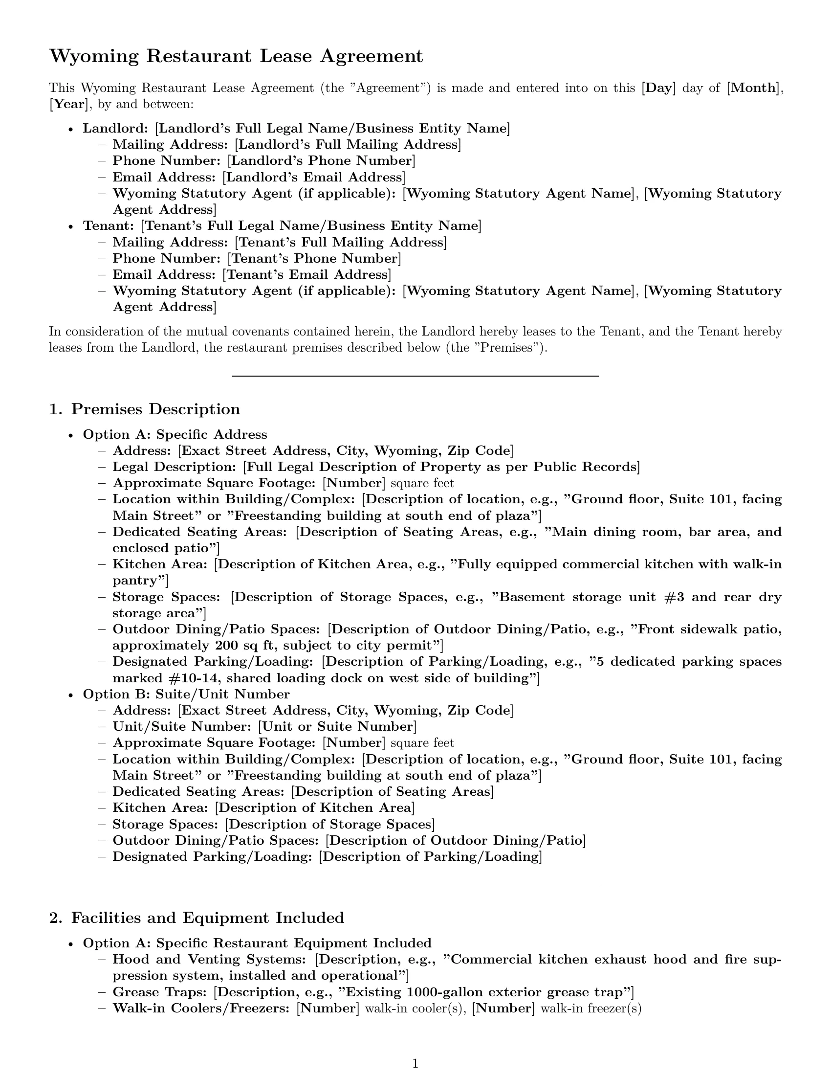 Preview page 1 of Pro Wyoming restaurant lease agreement template
