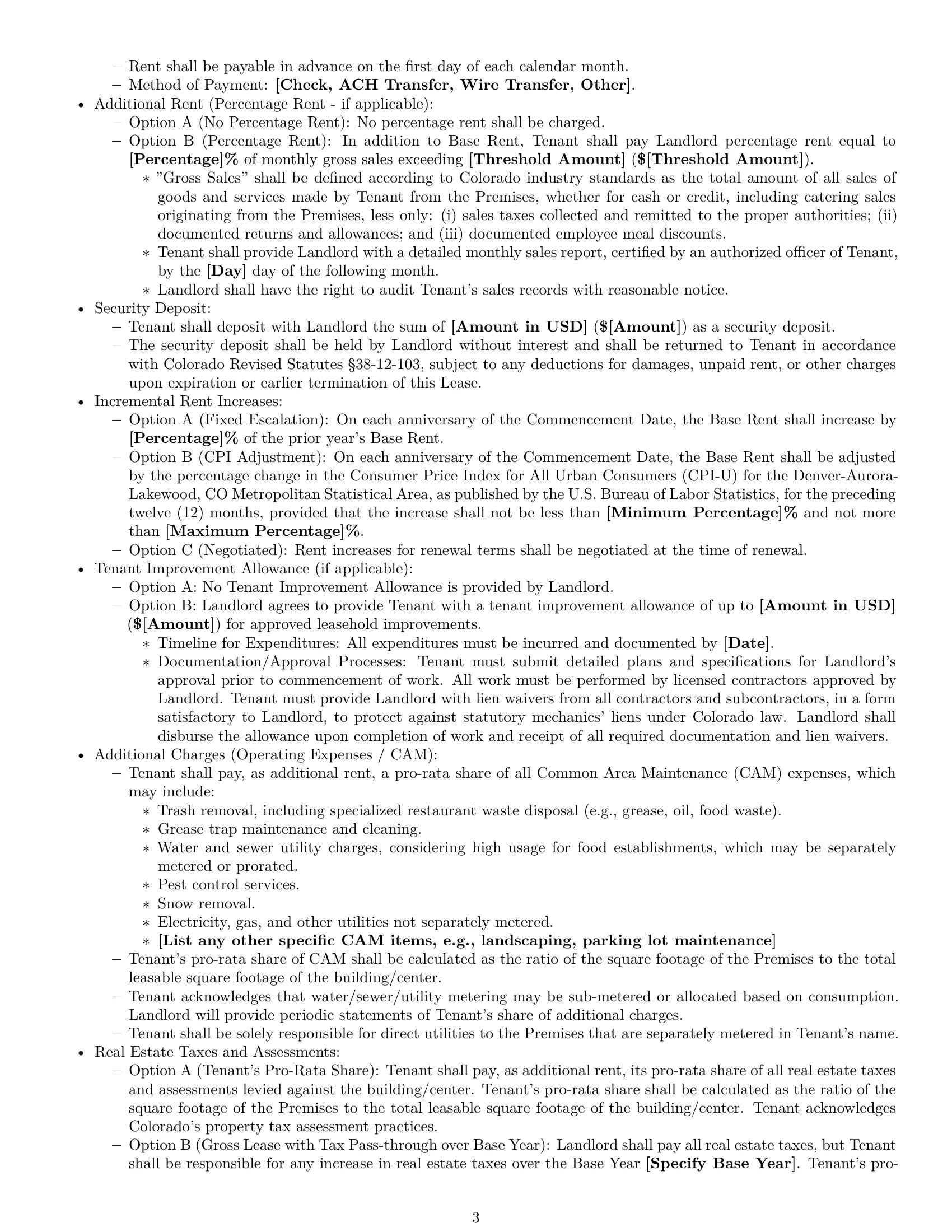 Preview page 3 of Pro Colorado restaurant lease agreement template