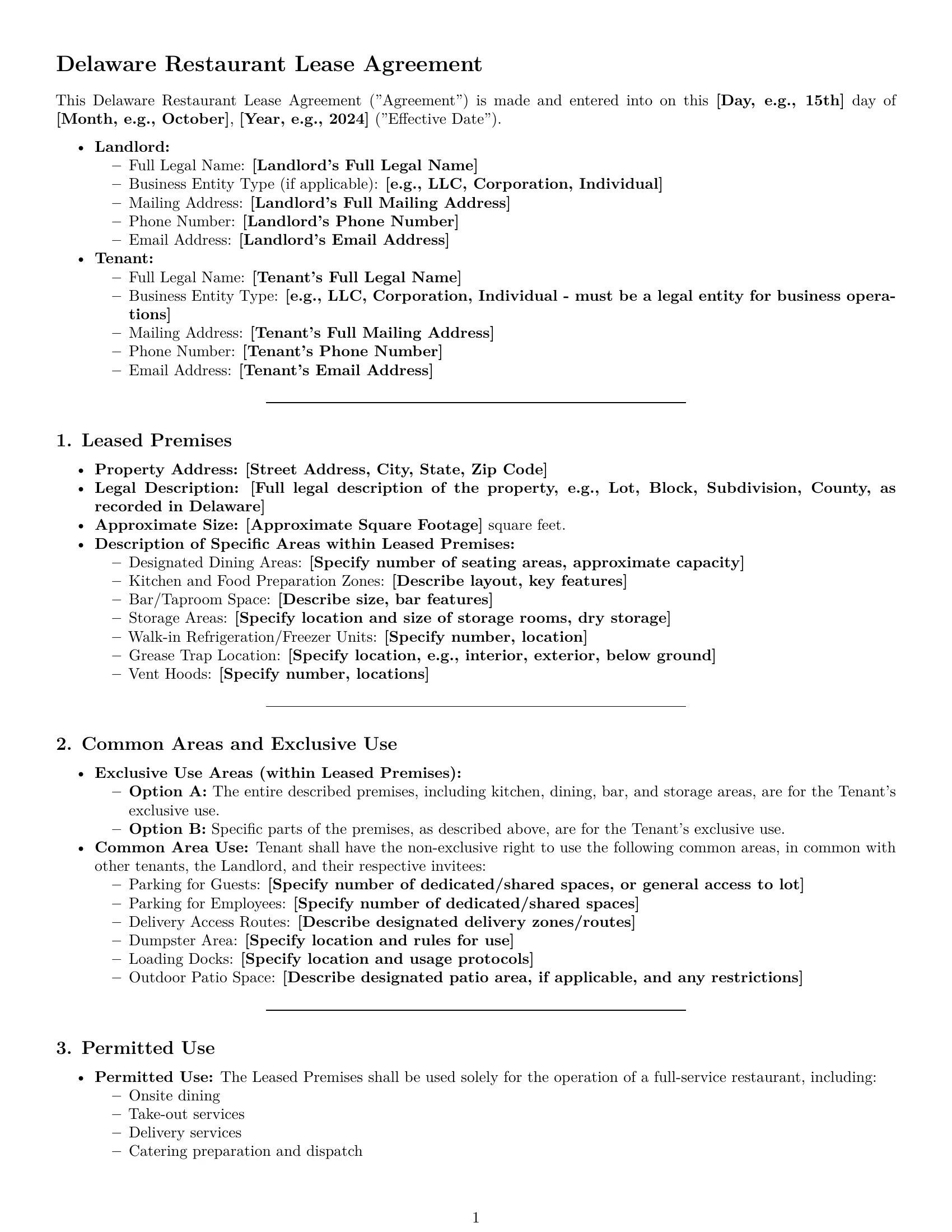 Preview page 1 of Pro Delaware restaurant lease agreement template