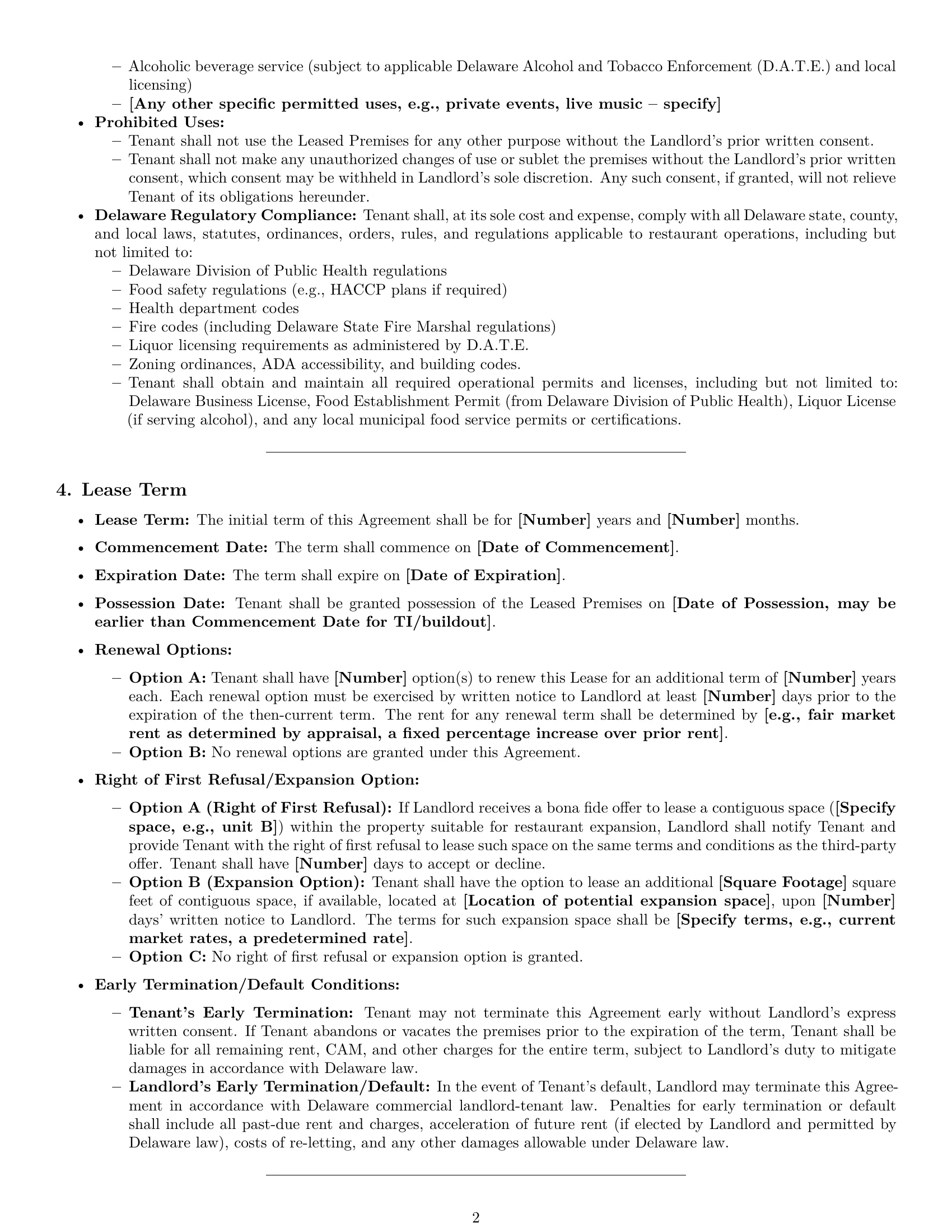 Preview page 2 of Pro Delaware restaurant lease agreement template