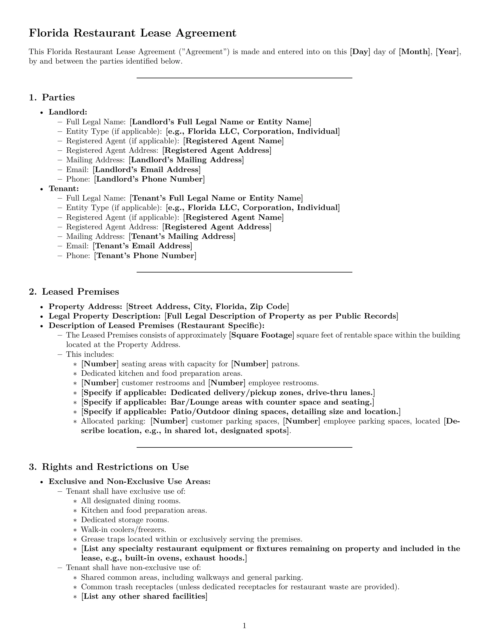 Preview page 1 of Pro Florida restaurant lease agreement template