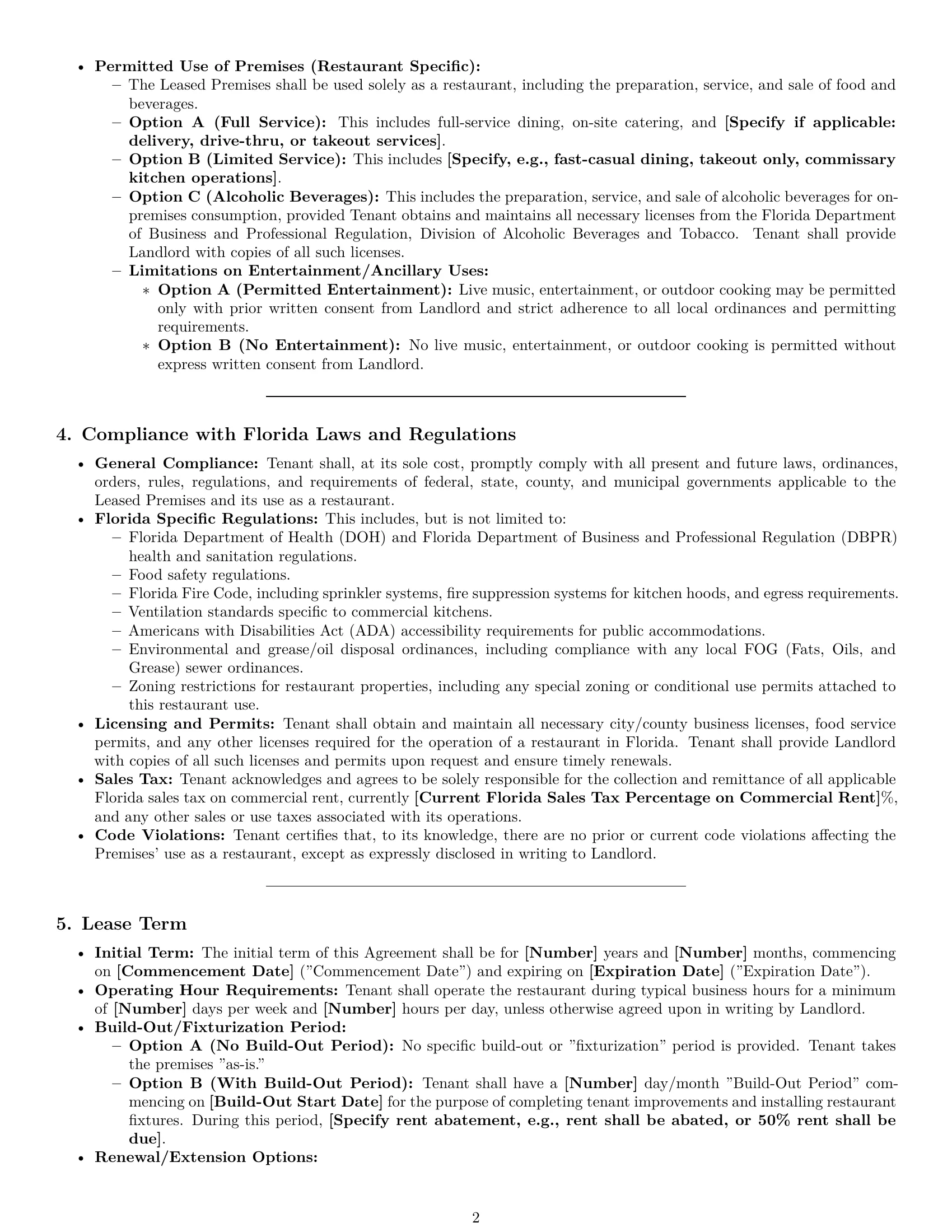 Preview page 2 of Pro Florida restaurant lease agreement template