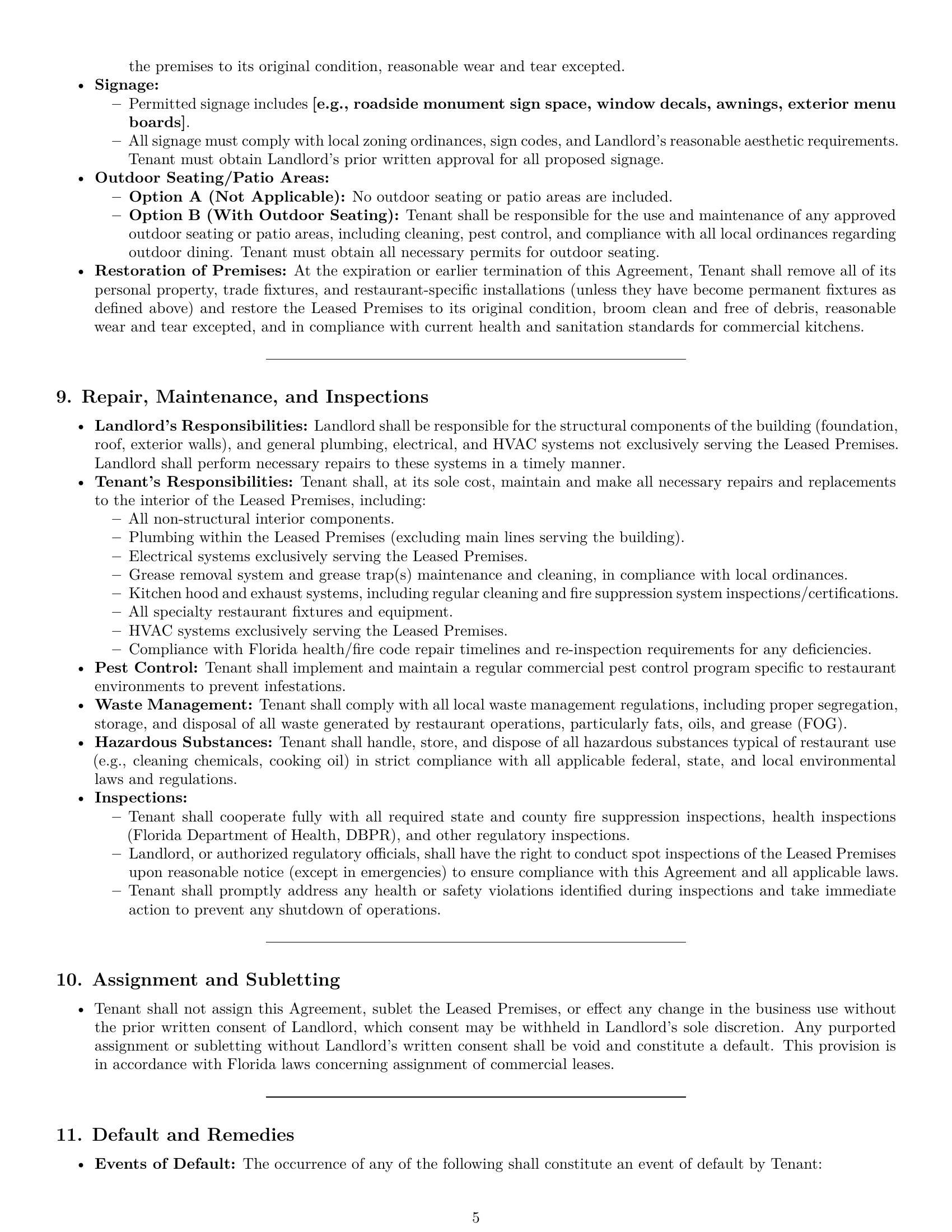 Preview page 5 of Pro Florida restaurant lease agreement template