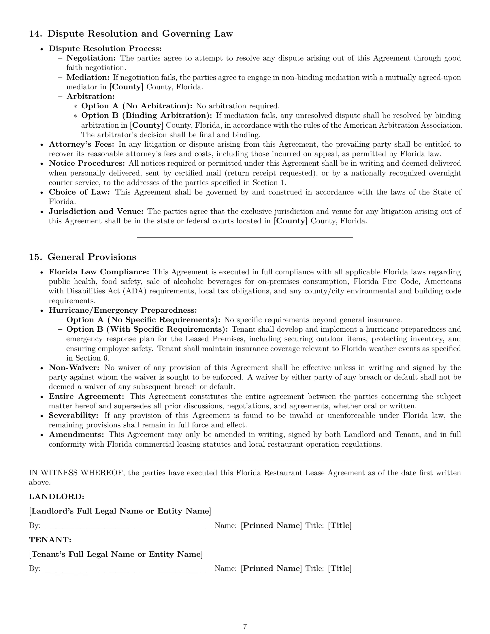 Preview page 7 of Pro Florida restaurant lease agreement template