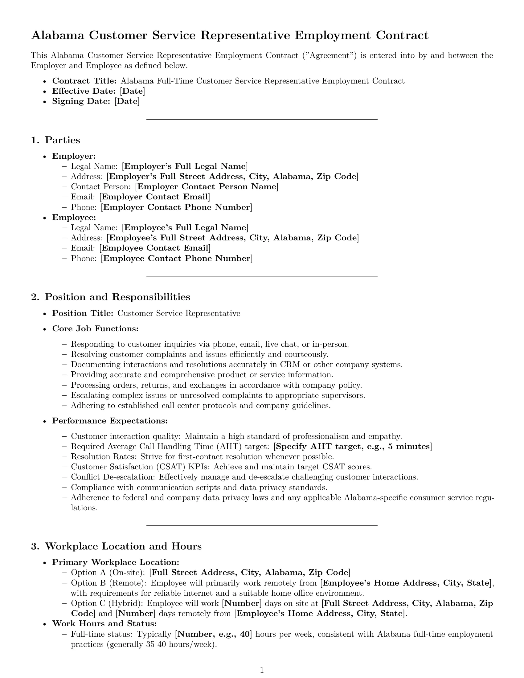 Preview page 1 of Pro Alabama customer service representative employment contract template