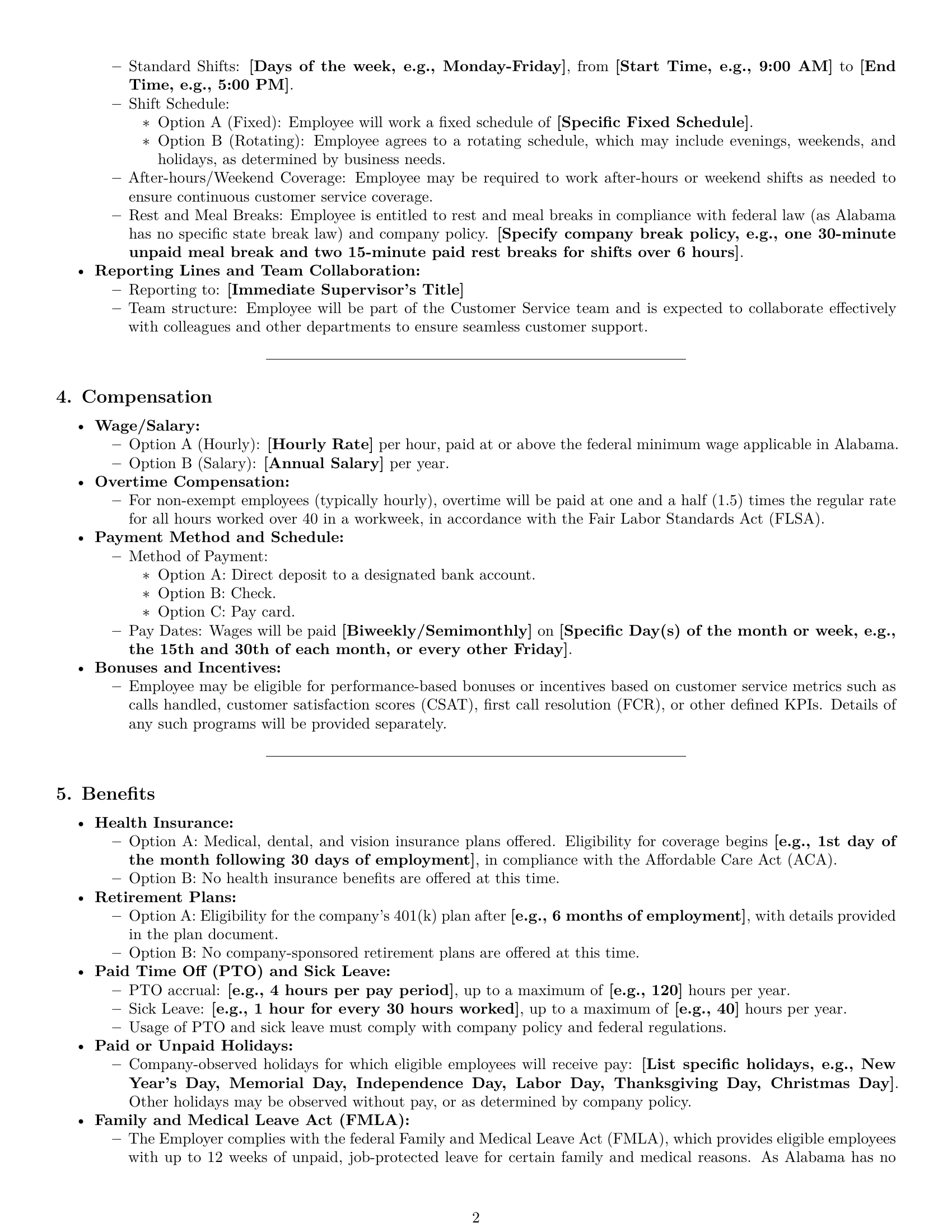Preview page 2 of Pro Alabama customer service representative employment contract template