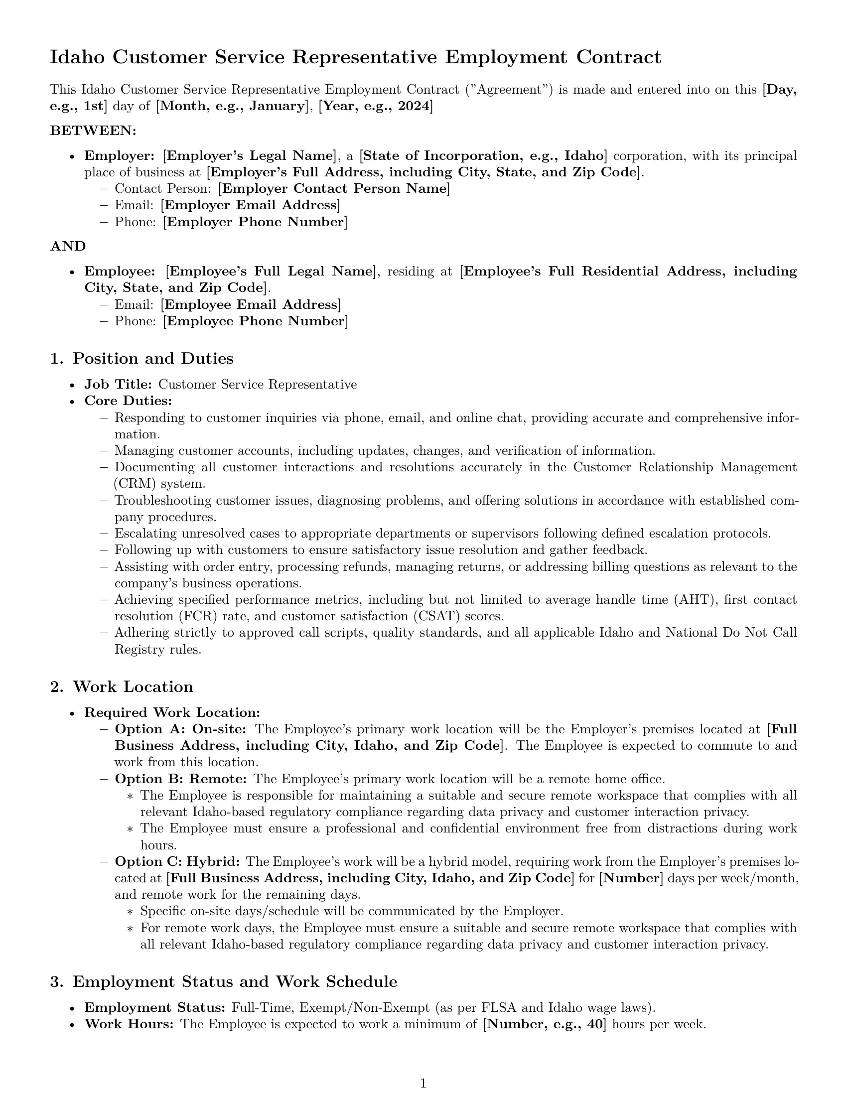 Preview page 1 of Pro Idaho customer service representative employment contract template
