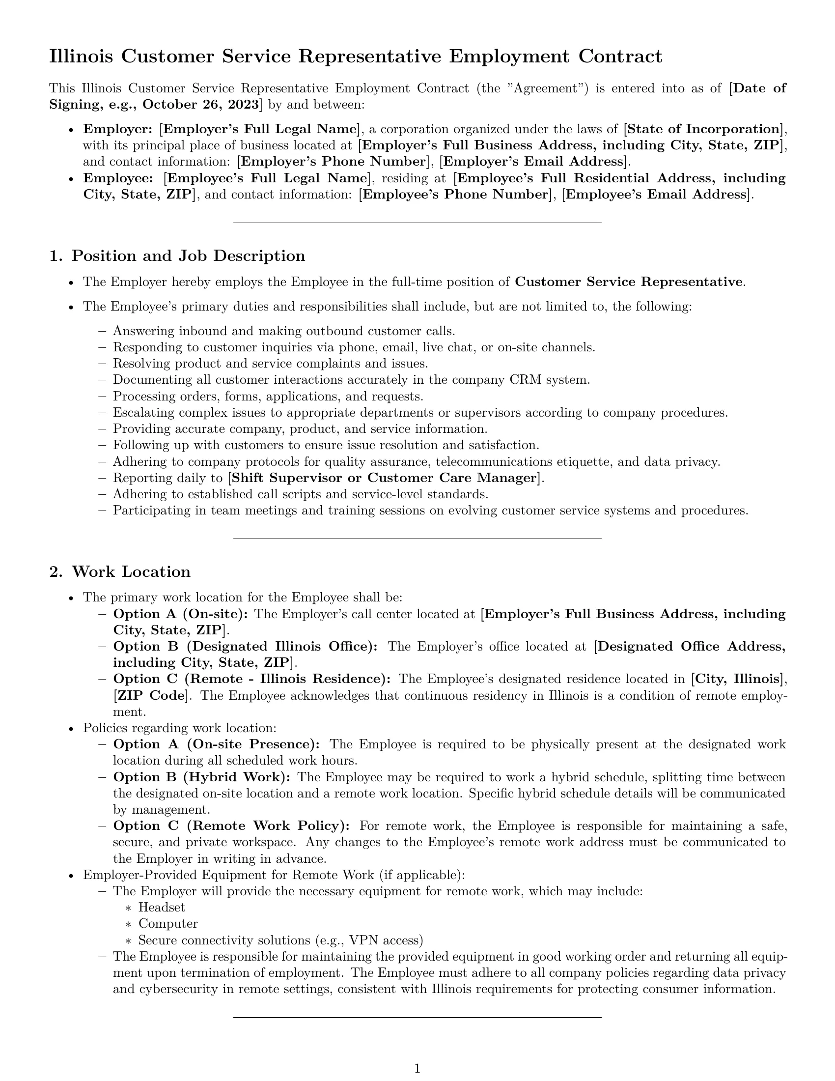 Preview page 1 of Pro Illinois customer service representative employment contract template