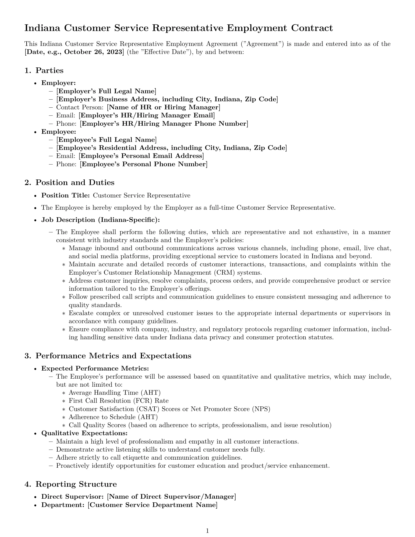 Preview page 1 of Pro Indiana customer service representative employment contract template