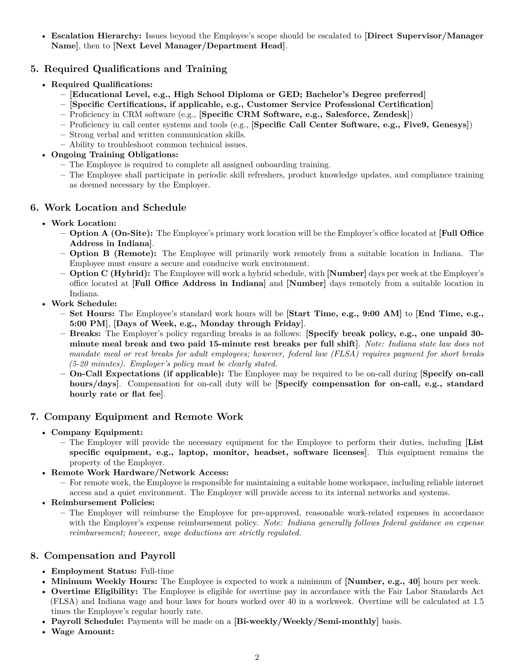 Preview page 2 of Pro Indiana customer service representative employment contract template