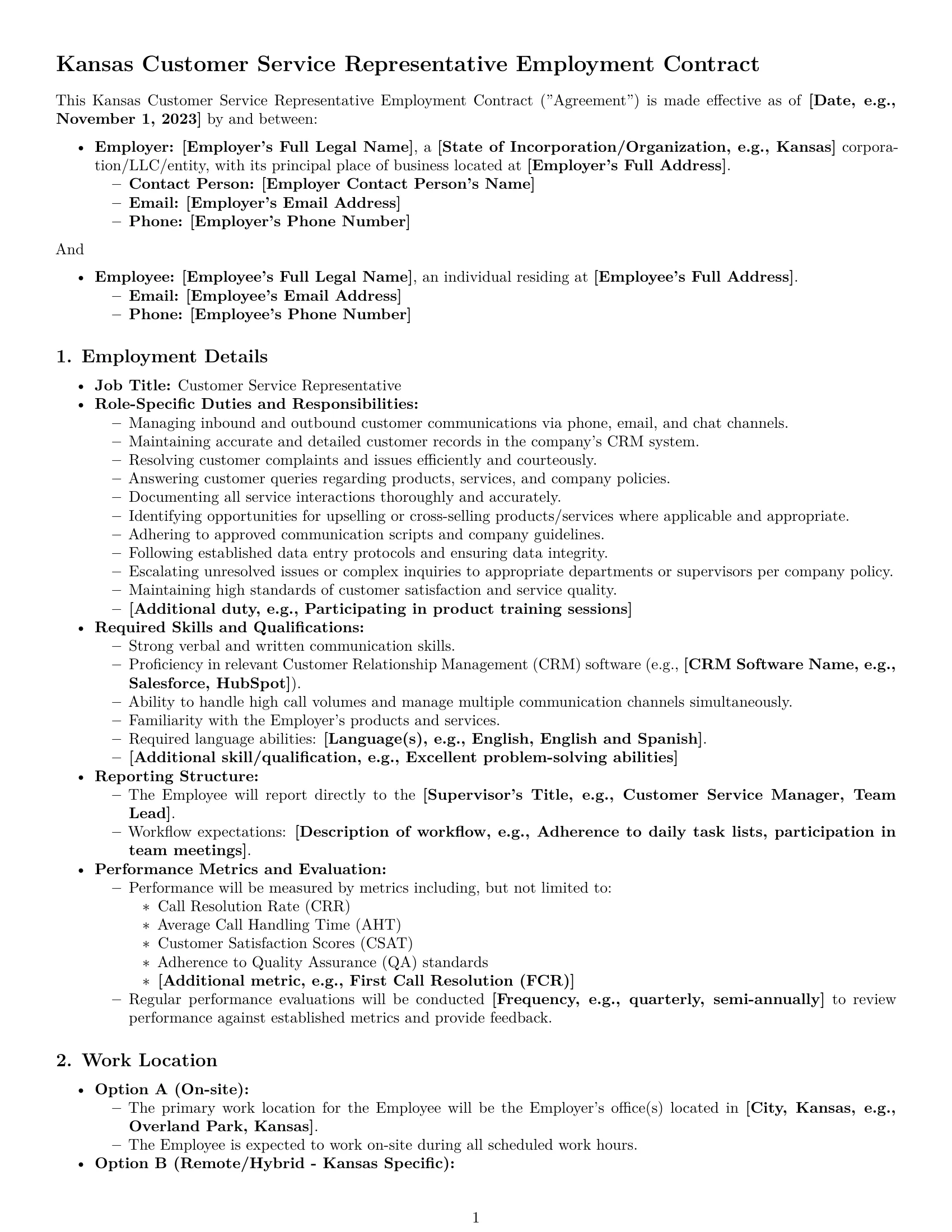Preview page 1 of Pro Kansas customer service representative employment contract template