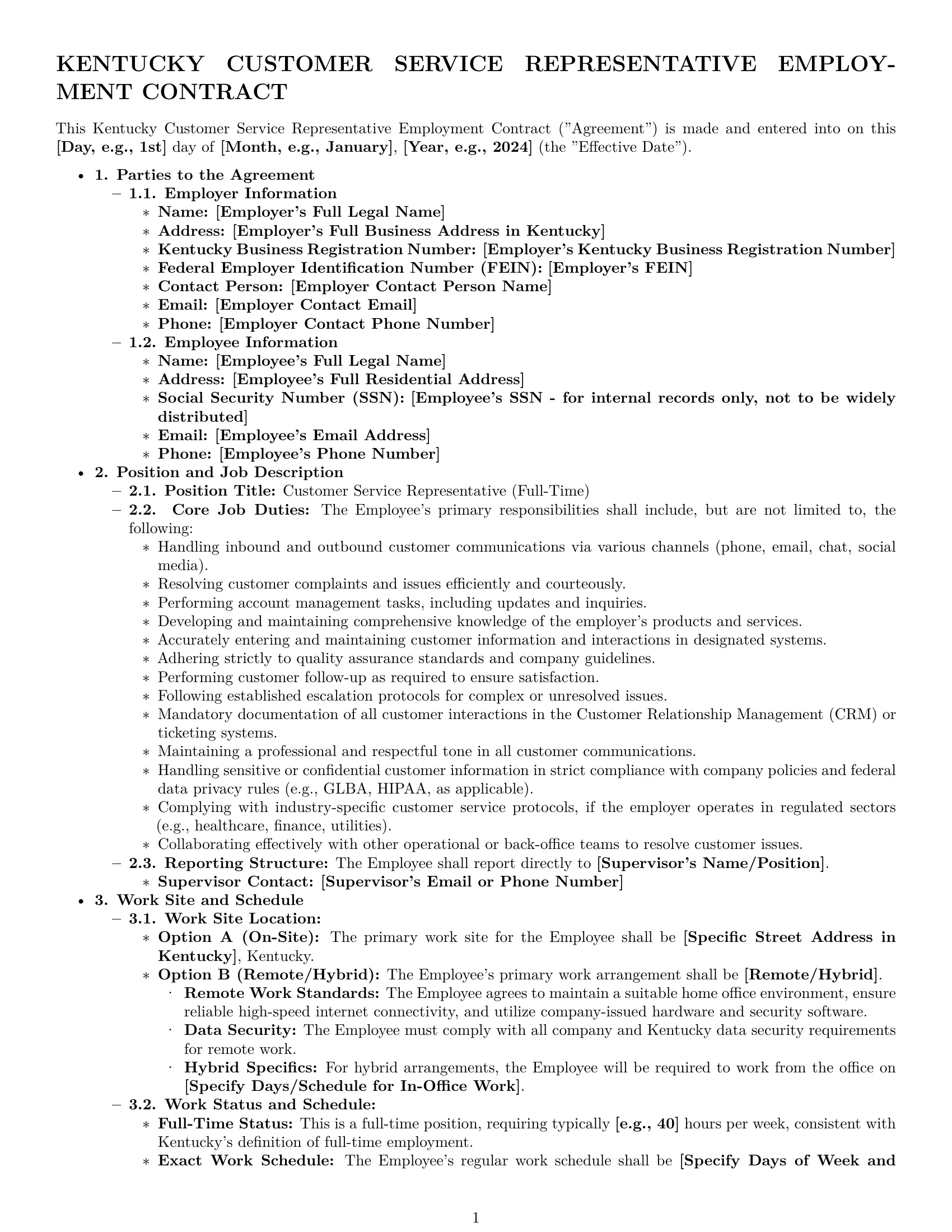 Preview page 1 of Pro Kentucky customer service representative employment contract template