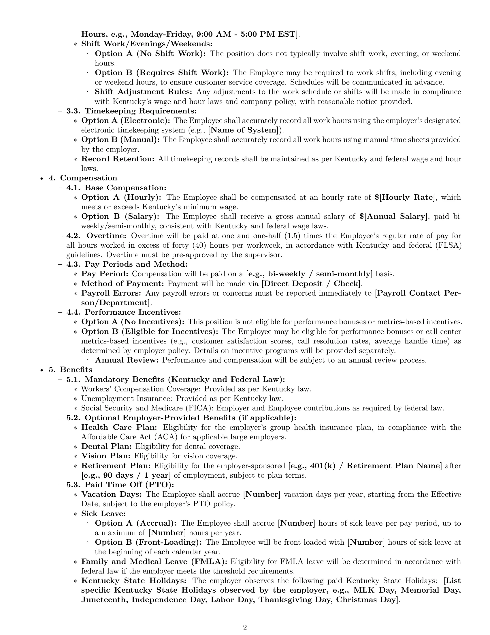 Preview page 2 of Pro Kentucky customer service representative employment contract template