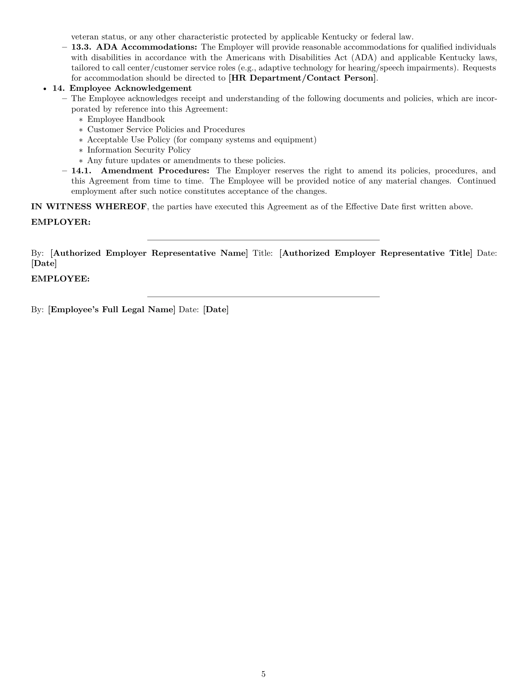 Preview page 5 of Pro Kentucky customer service representative employment contract template