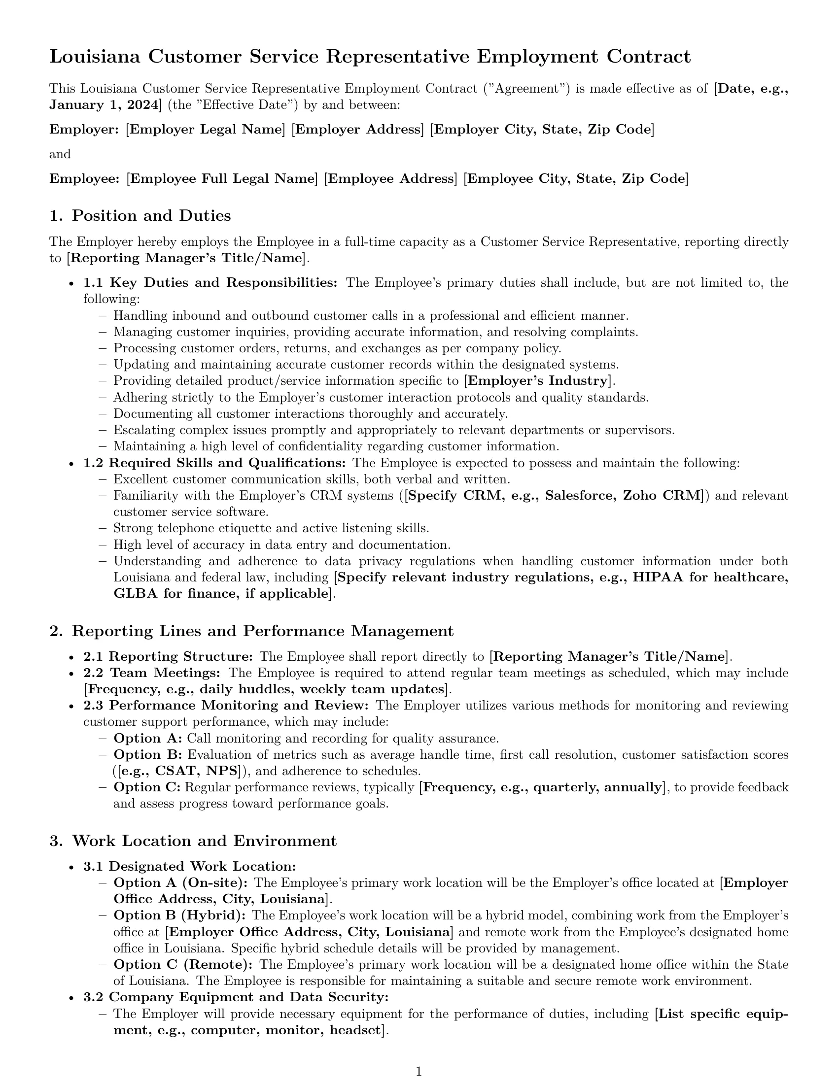 Preview page 1 of Pro Louisiana customer service representative employment contract template