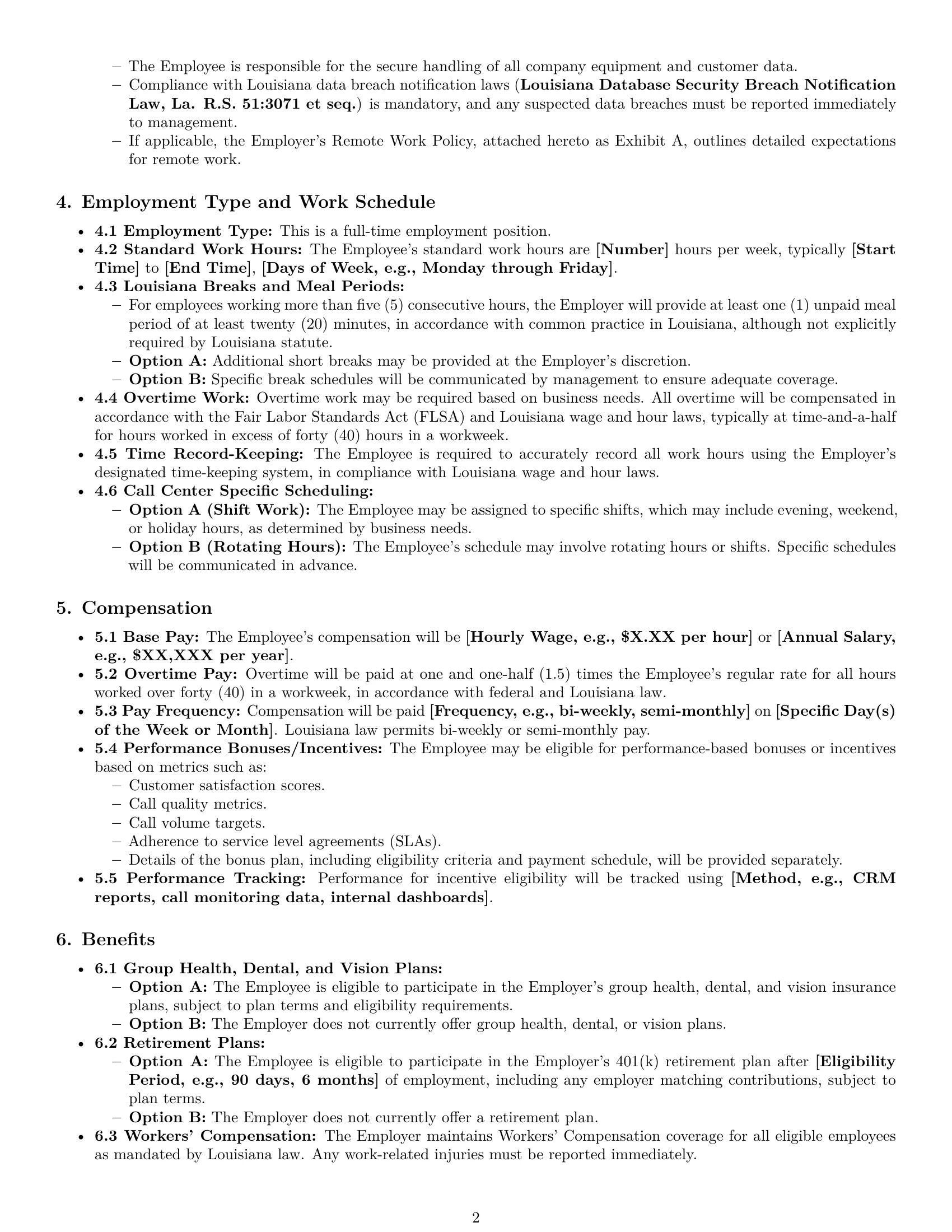 Preview page 2 of Pro Louisiana customer service representative employment contract template