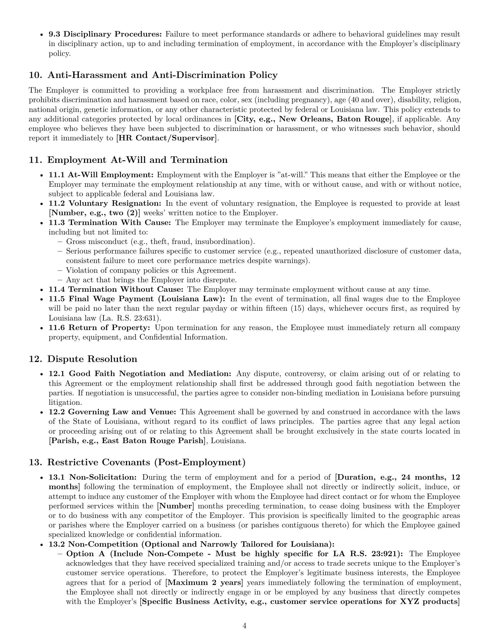 Preview page 4 of Pro Louisiana customer service representative employment contract template