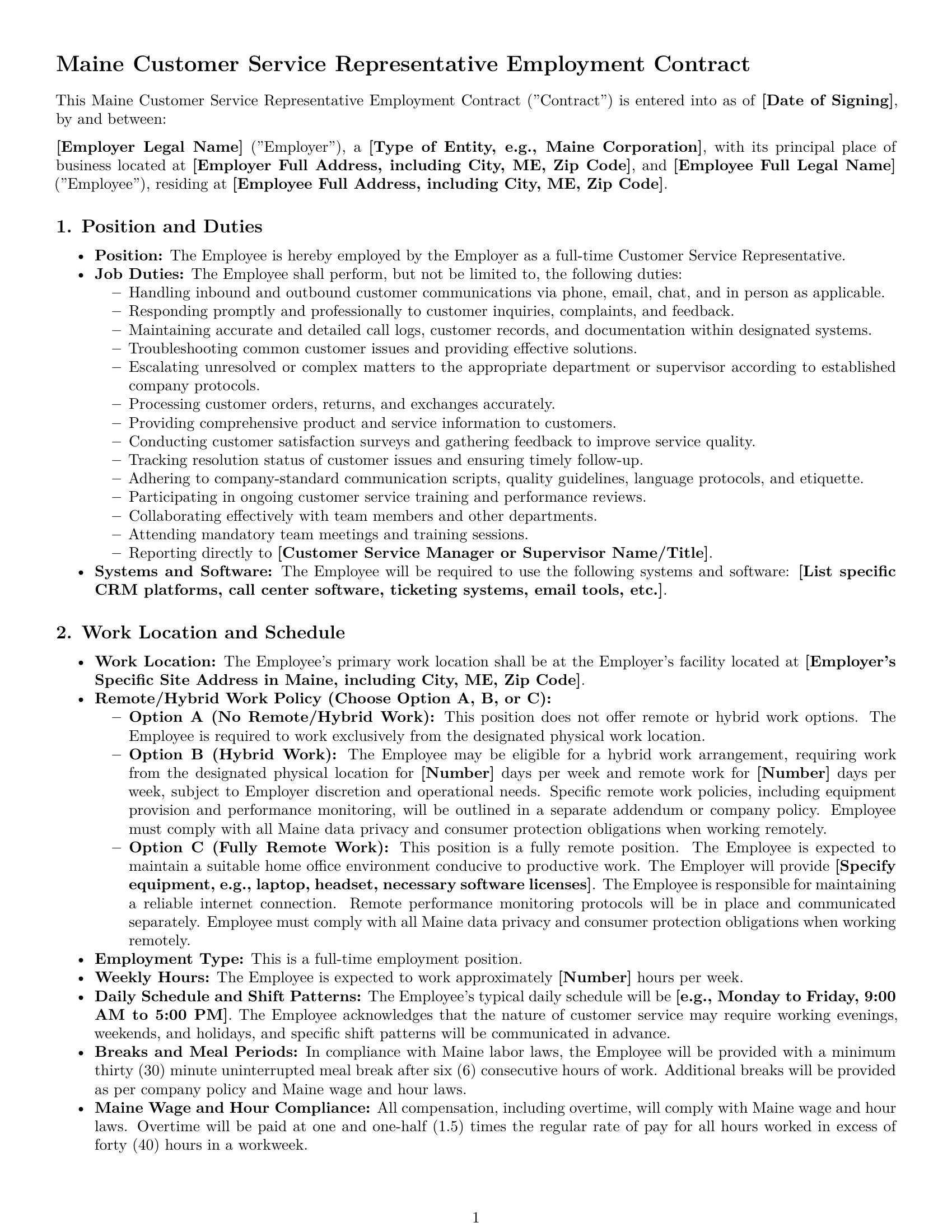Preview page 1 of Pro Maine customer service representative employment contract template