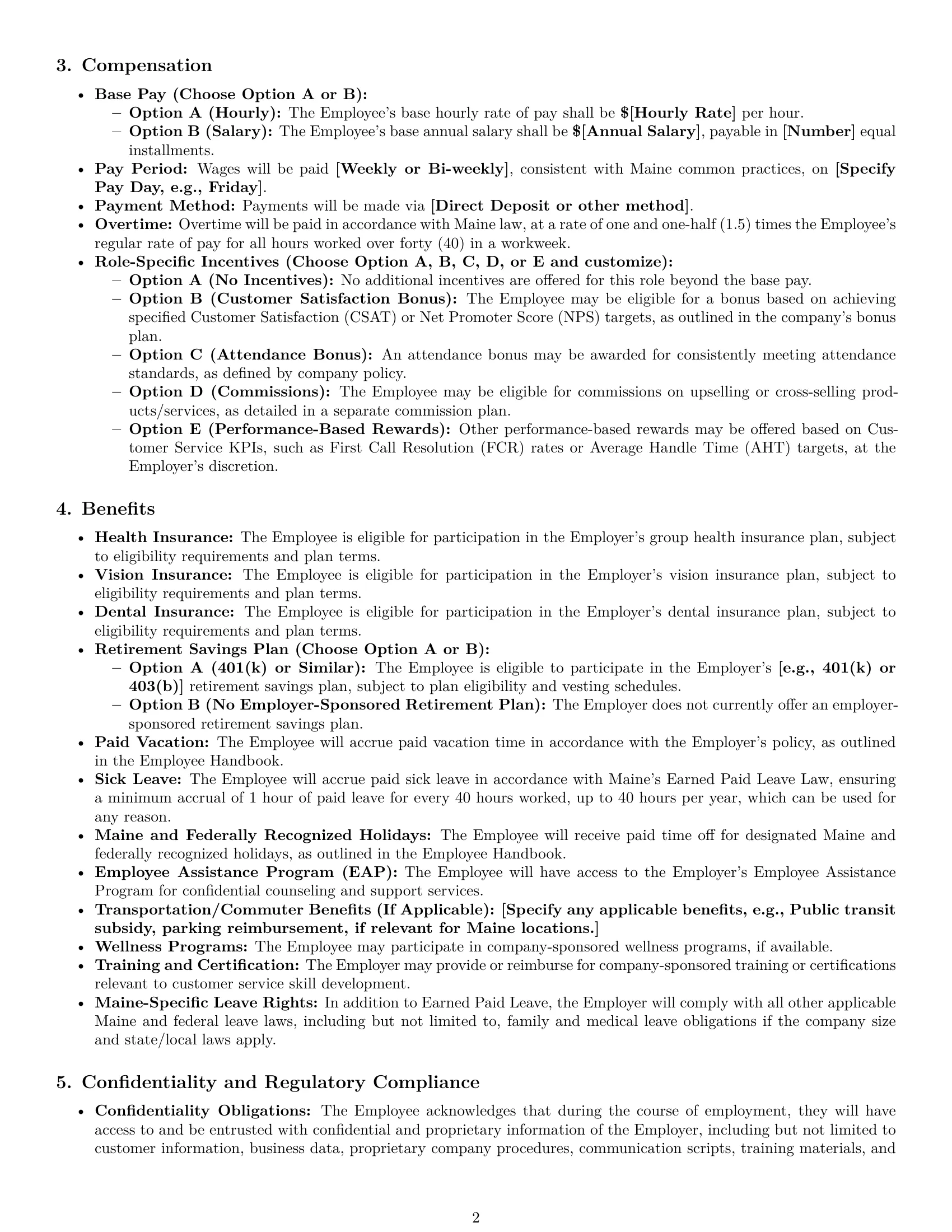 Preview page 2 of Pro Maine customer service representative employment contract template