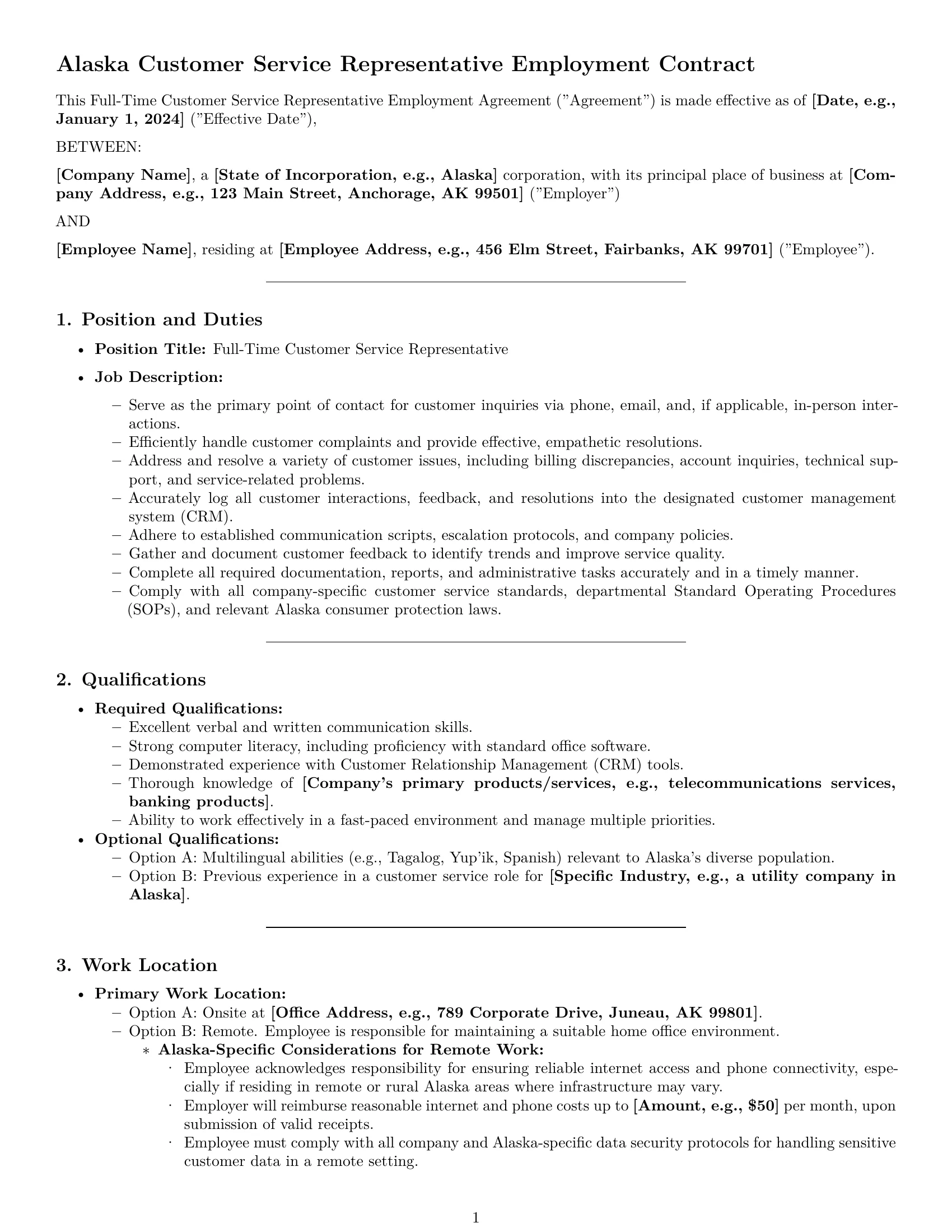 Preview page 1 of Pro Alaska customer service representative employment contract template