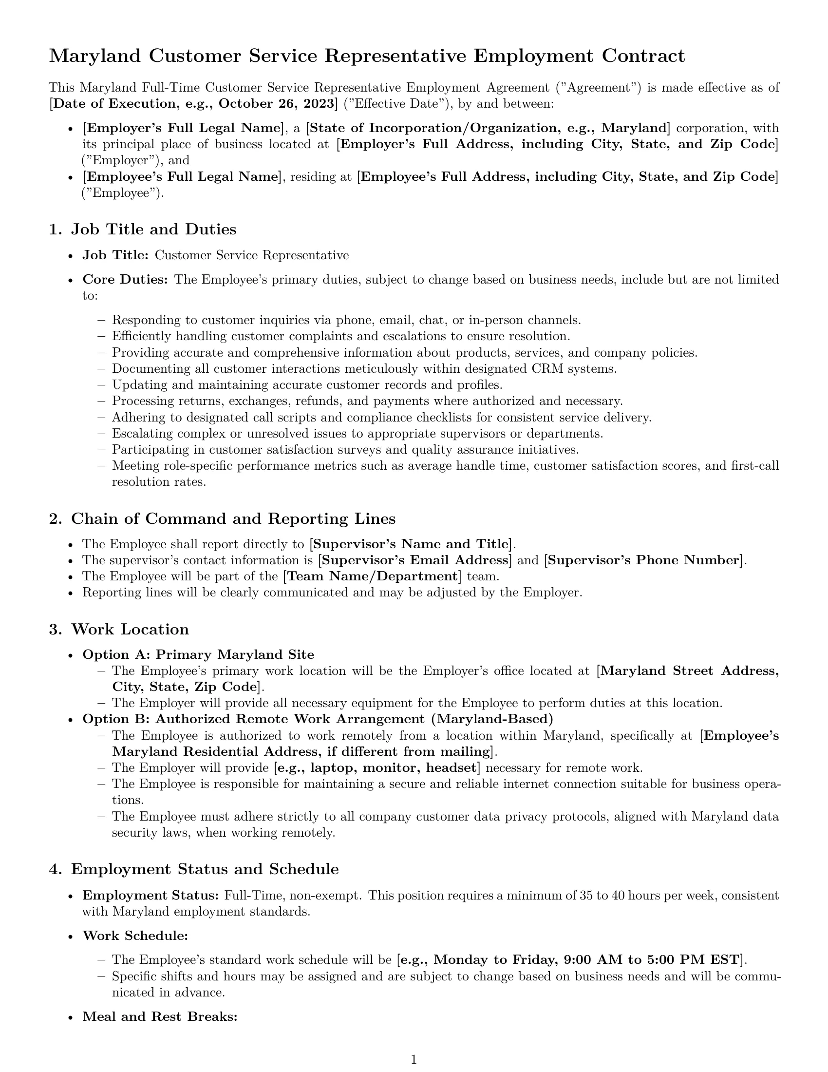 Preview page 1 of Pro Maryland customer service representative employment contract template