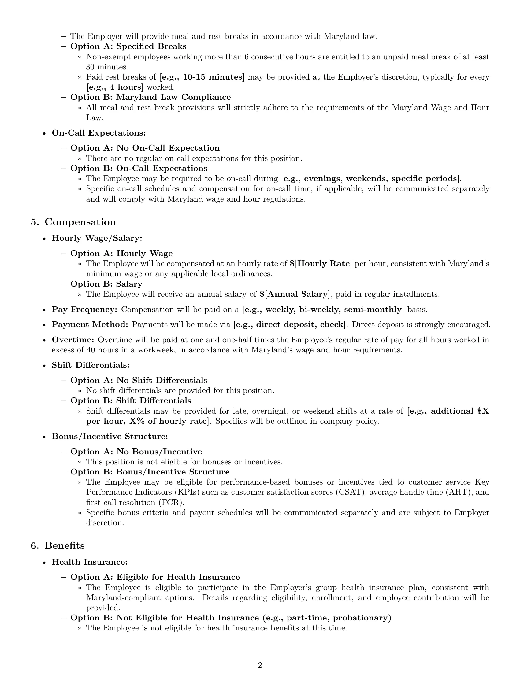 Preview page 2 of Pro Maryland customer service representative employment contract template