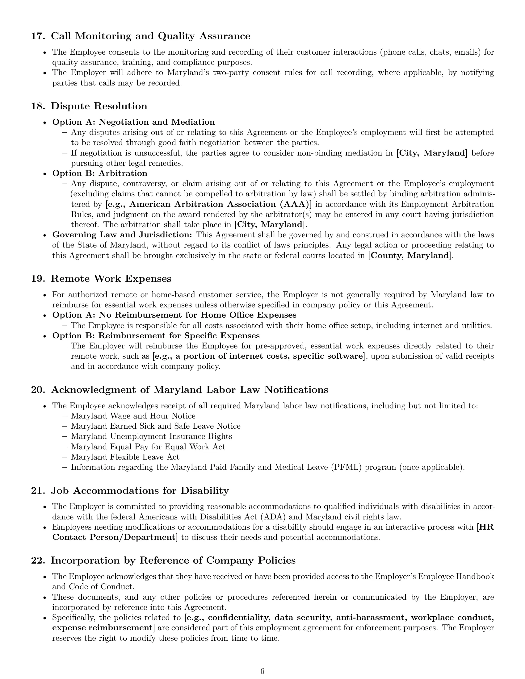 Preview page 6 of Pro Maryland customer service representative employment contract template