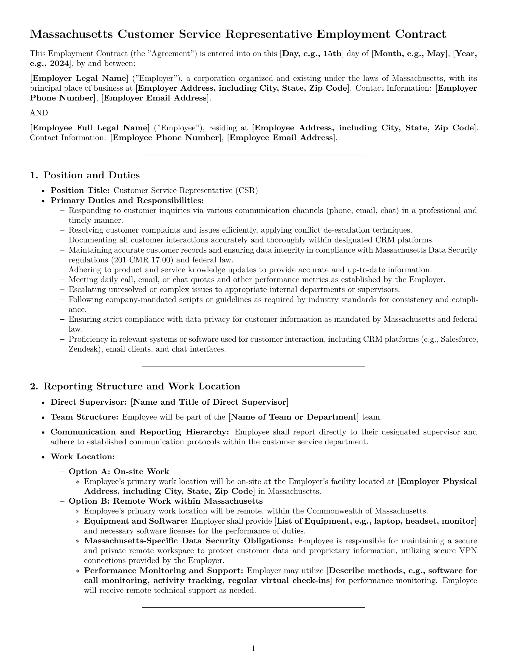 Preview page 1 of Pro Massachusetts customer service representative employment contract template