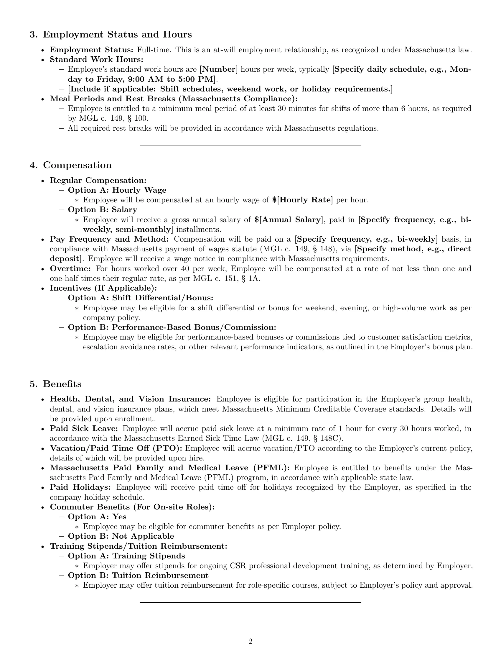 Preview page 2 of Pro Massachusetts customer service representative employment contract template