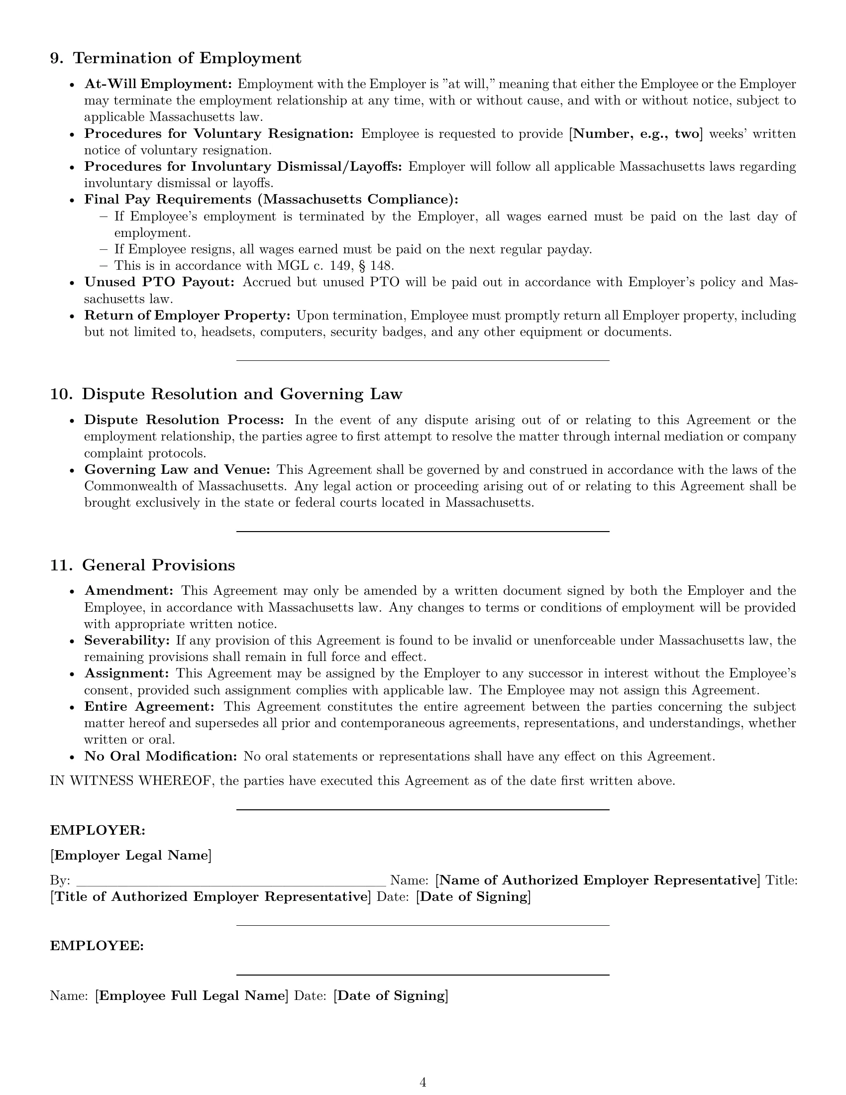 Preview page 4 of Pro Massachusetts customer service representative employment contract template