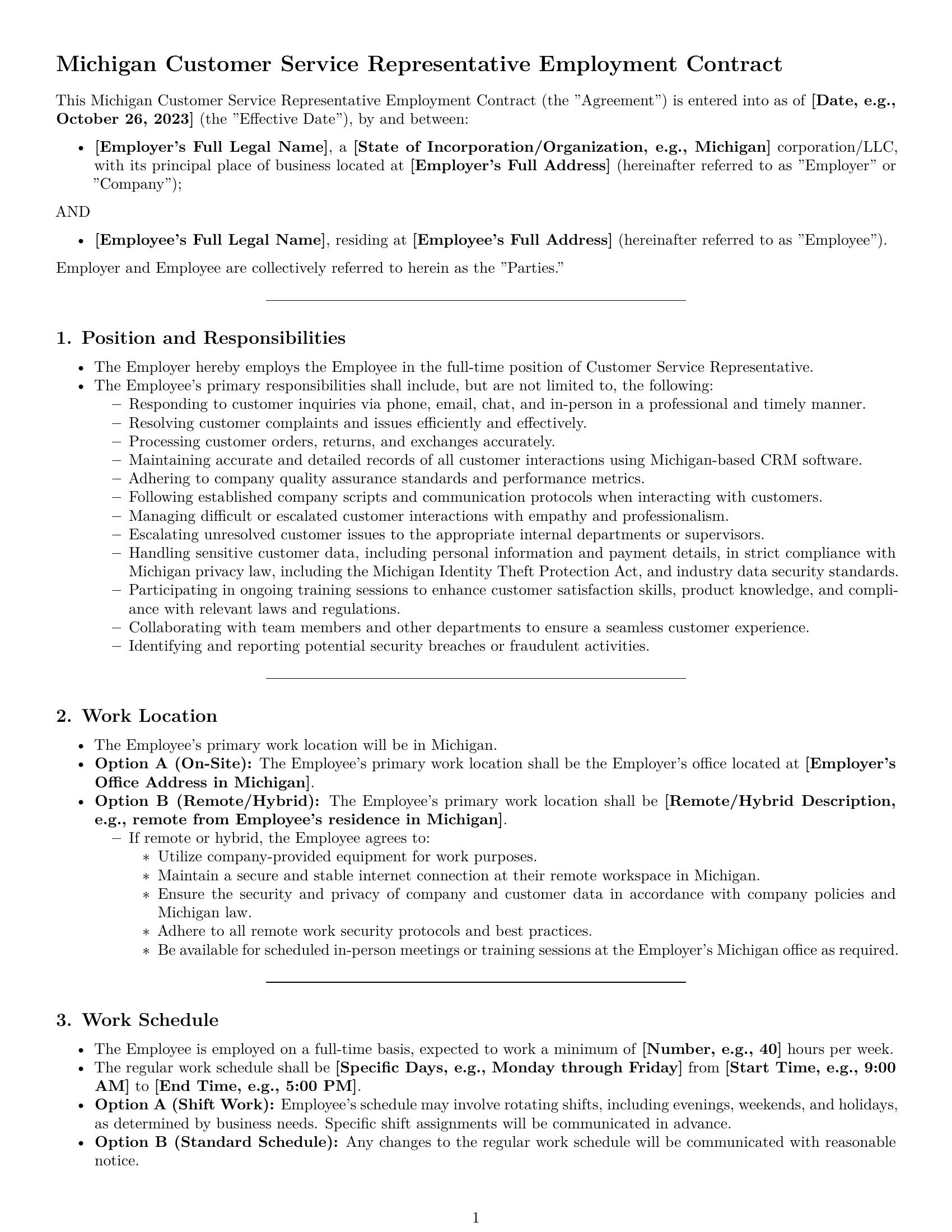 Preview page 1 of Pro Michigan customer service representative employment contract template