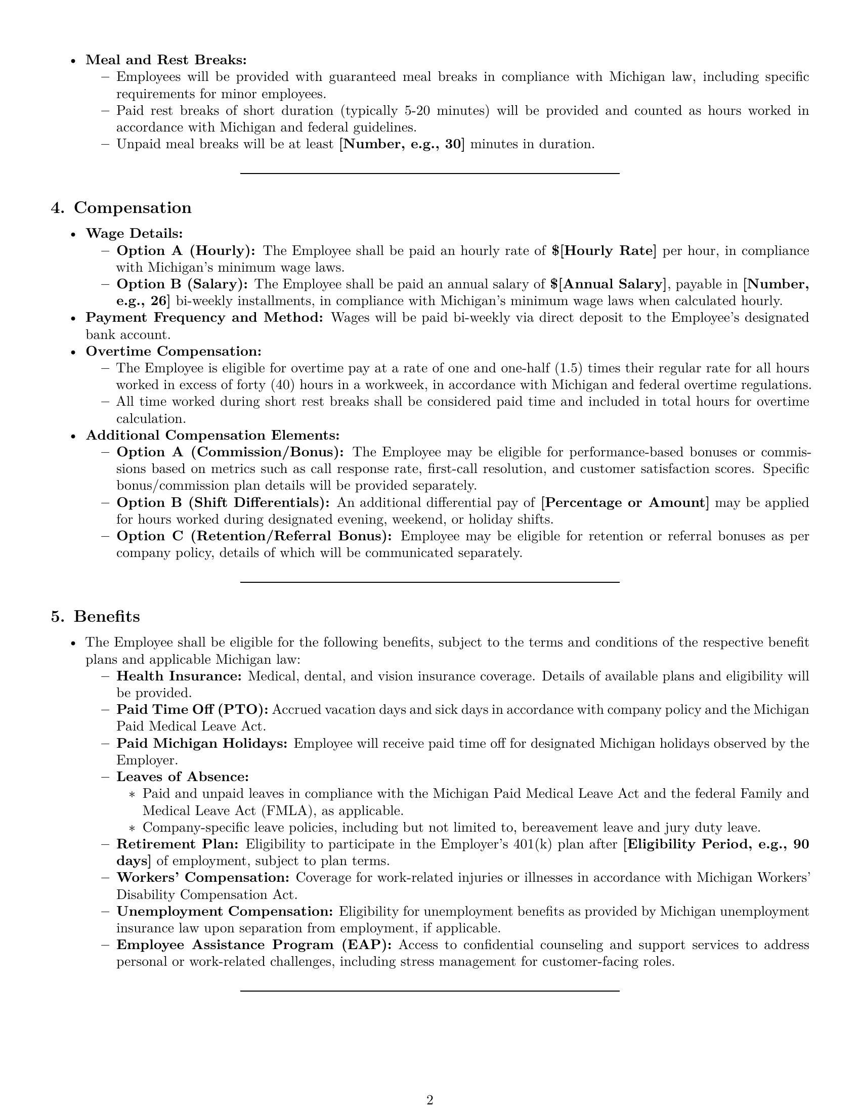Preview page 2 of Pro Michigan customer service representative employment contract template