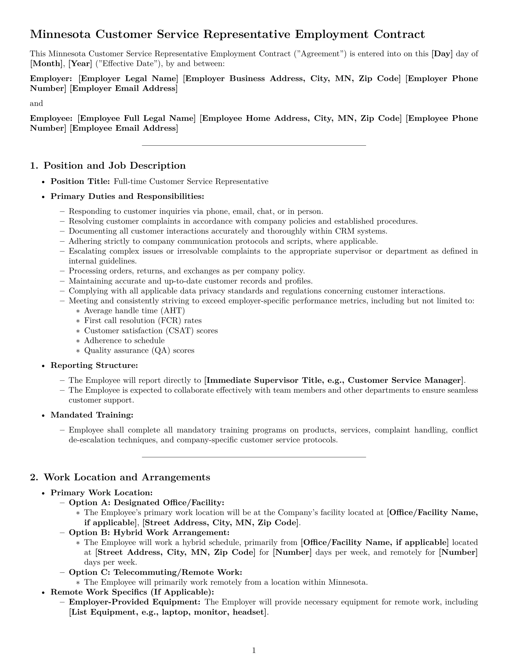 Preview page 1 of Pro Minnesota customer service representative employment contract template