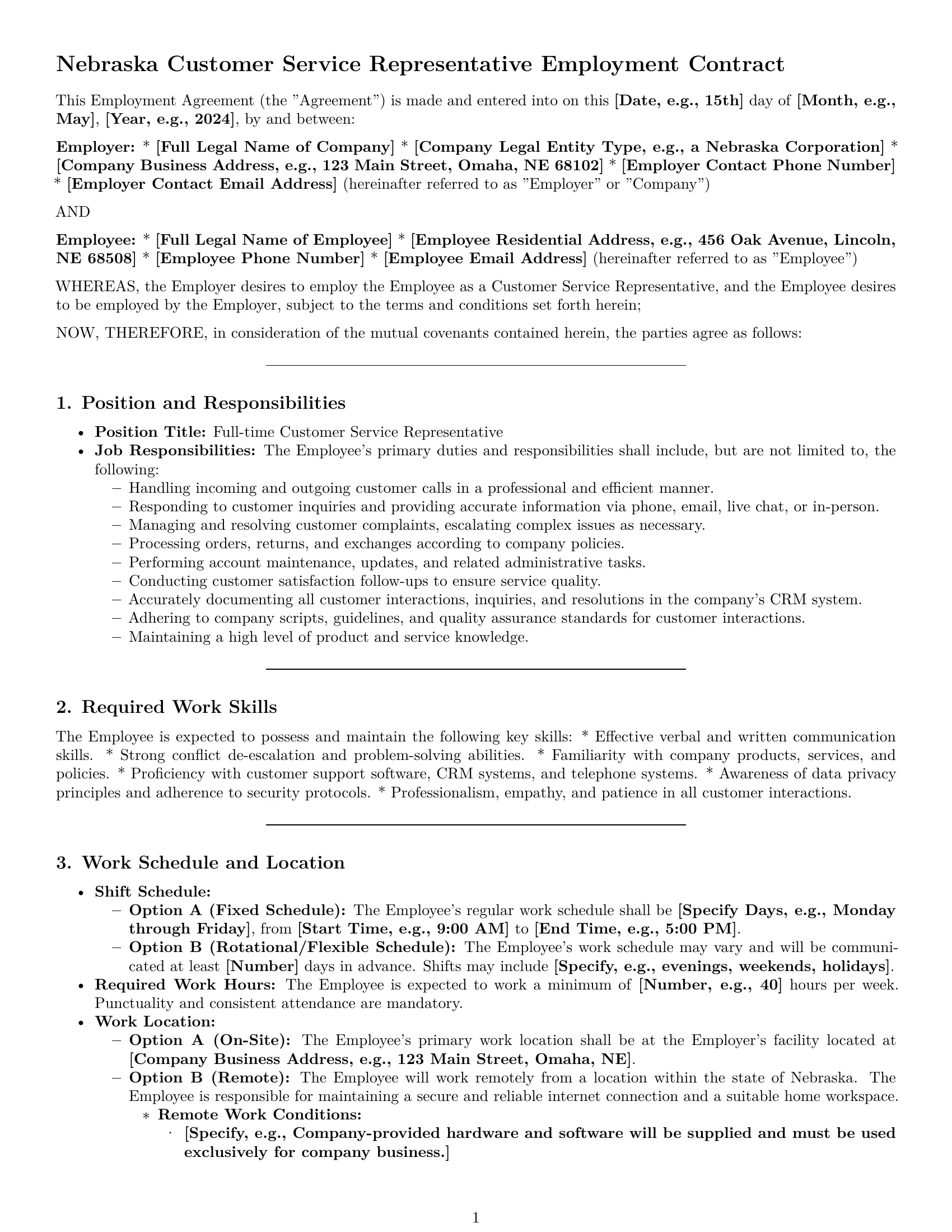 Preview page 1 of Pro Nebraska customer service representative employment contract template