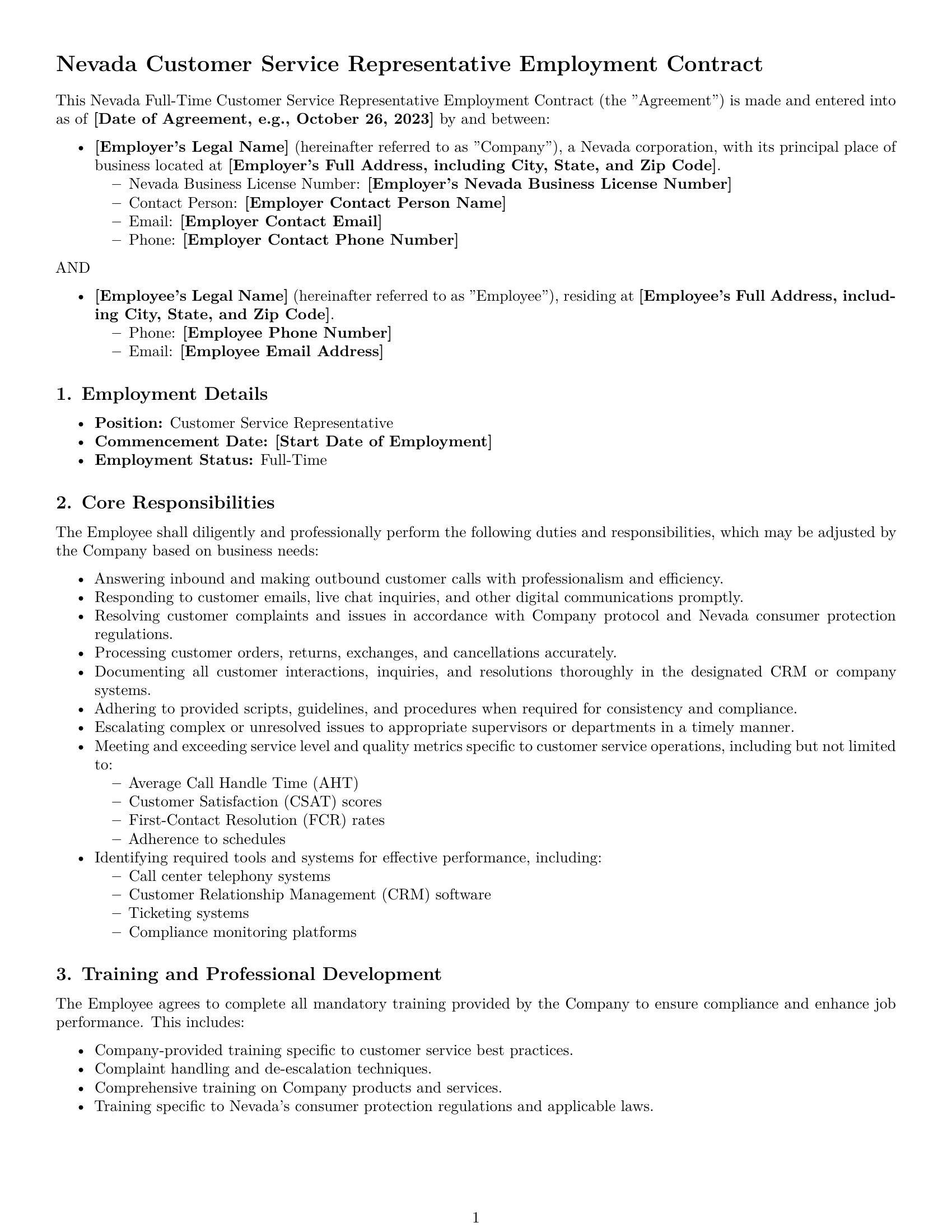 Preview page 1 of Pro Nevada customer service representative employment contract template
