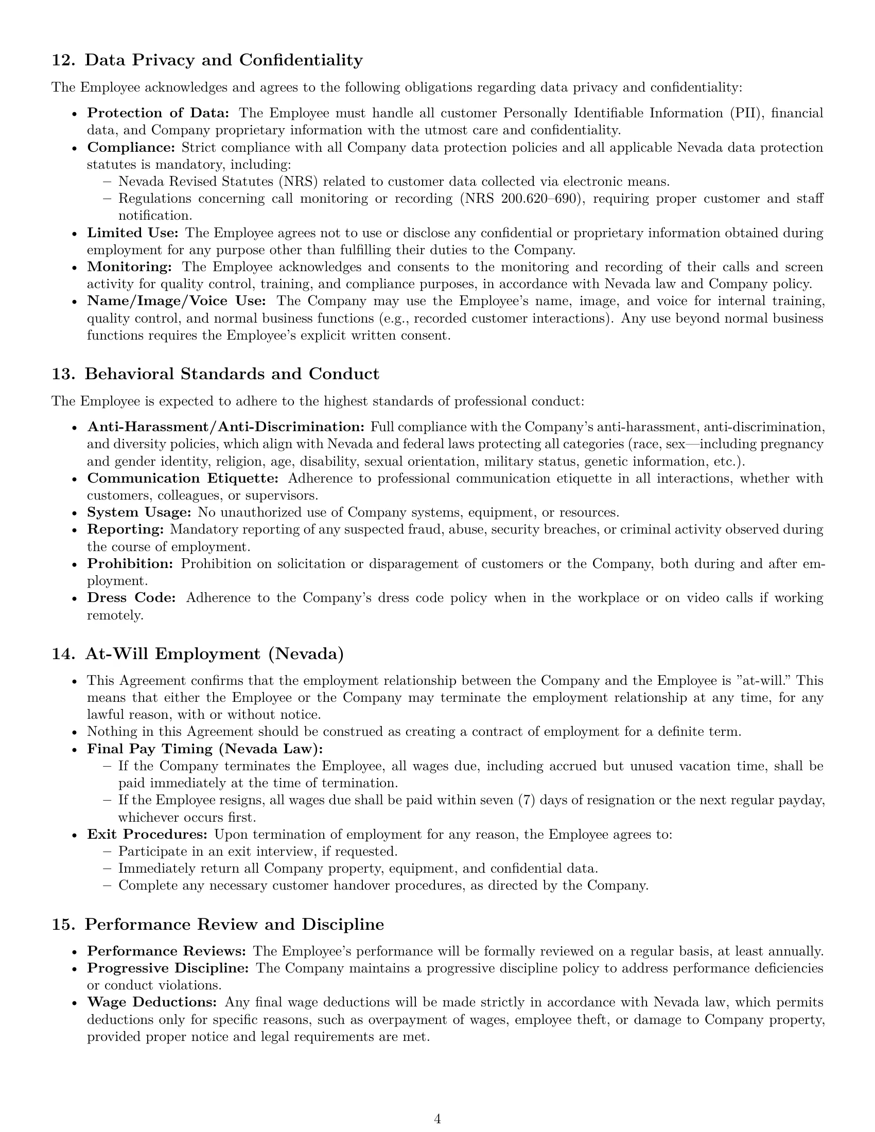 Preview page 4 of Pro Nevada customer service representative employment contract template