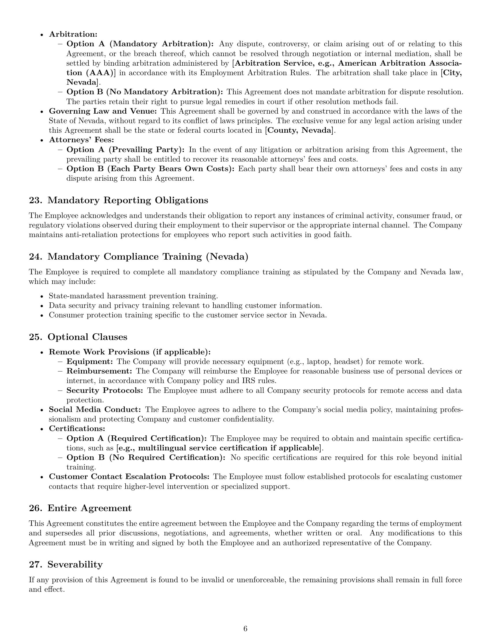 Preview page 6 of Pro Nevada customer service representative employment contract template