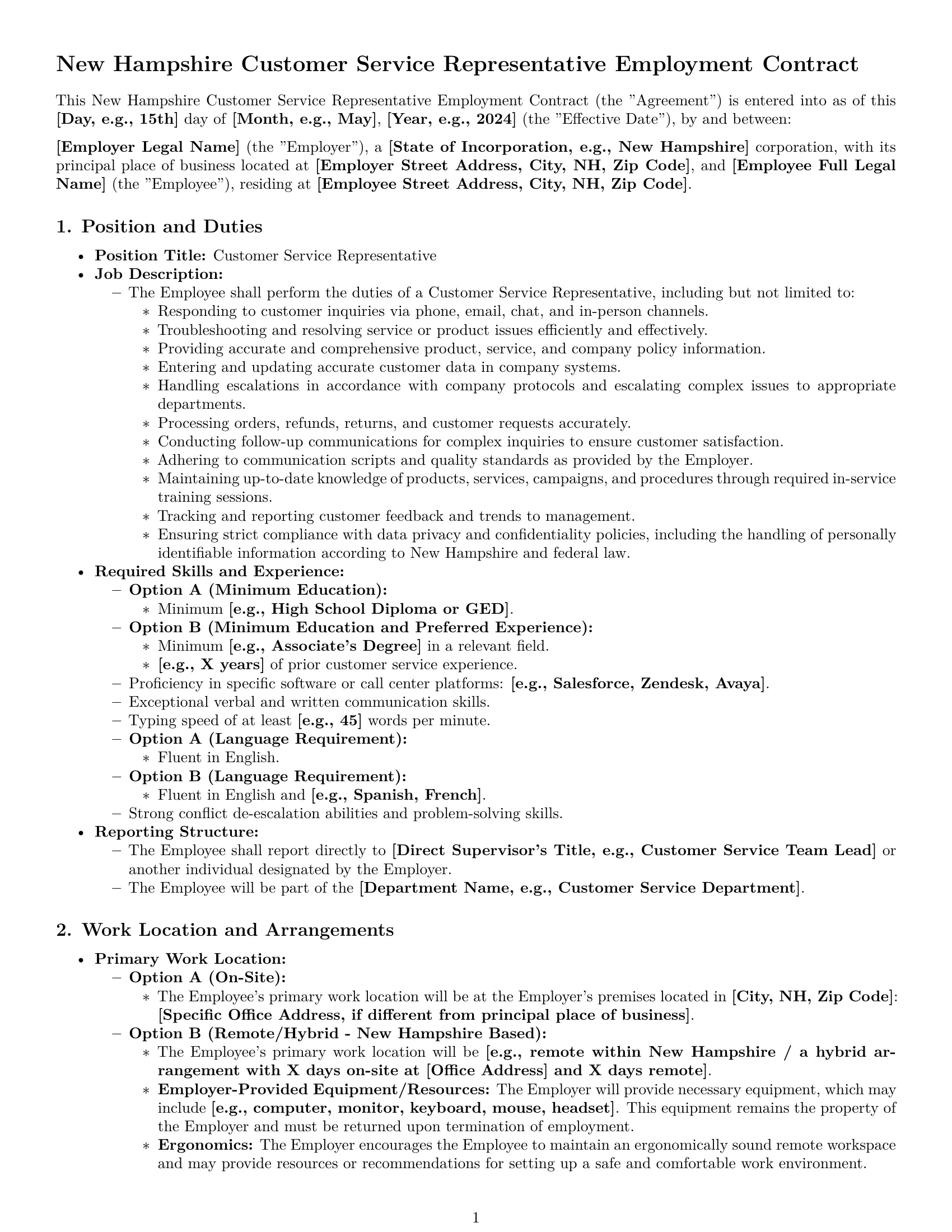 Preview page 1 of Pro New Hampshire customer service representative employment contract template