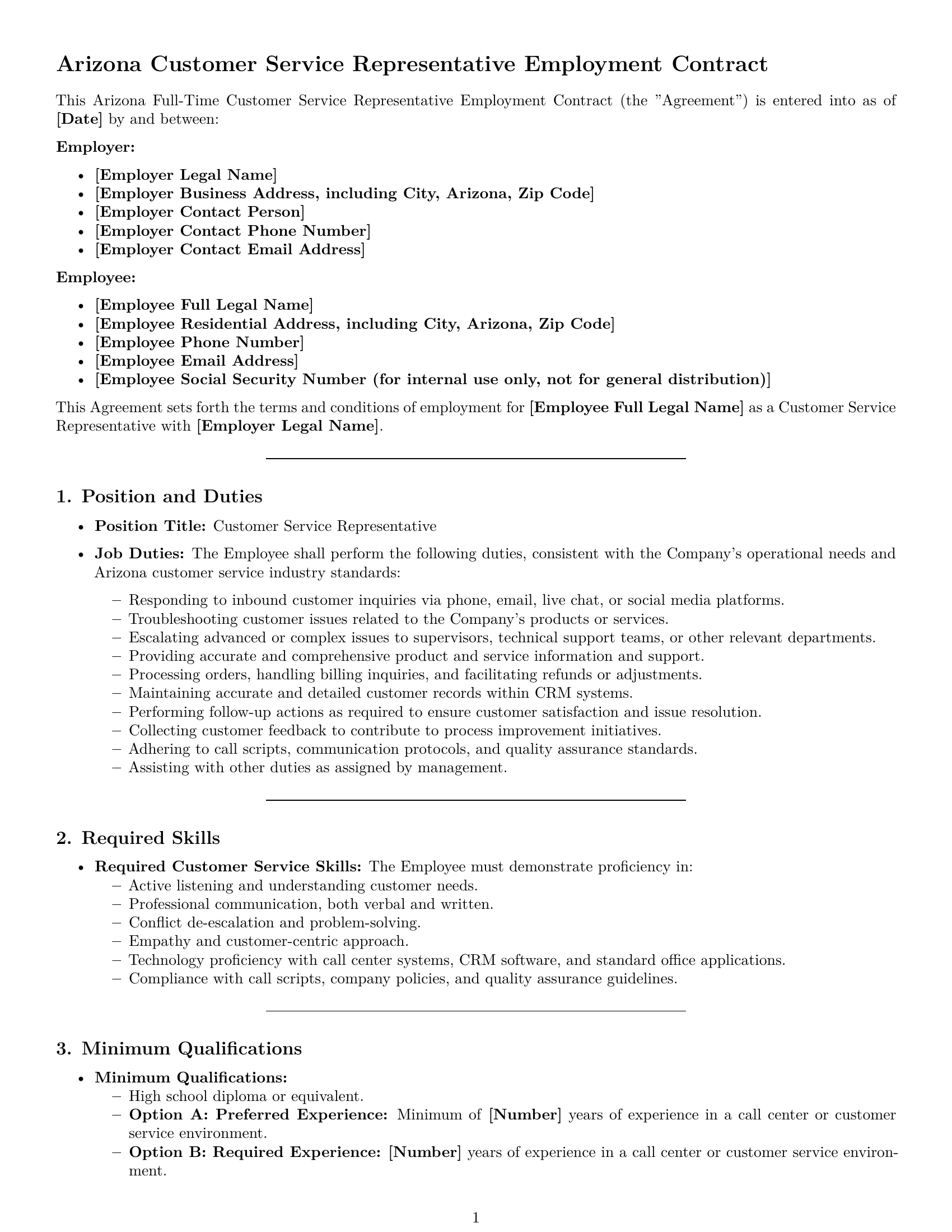 Preview page 1 of Pro Arizona customer service representative employment contract template