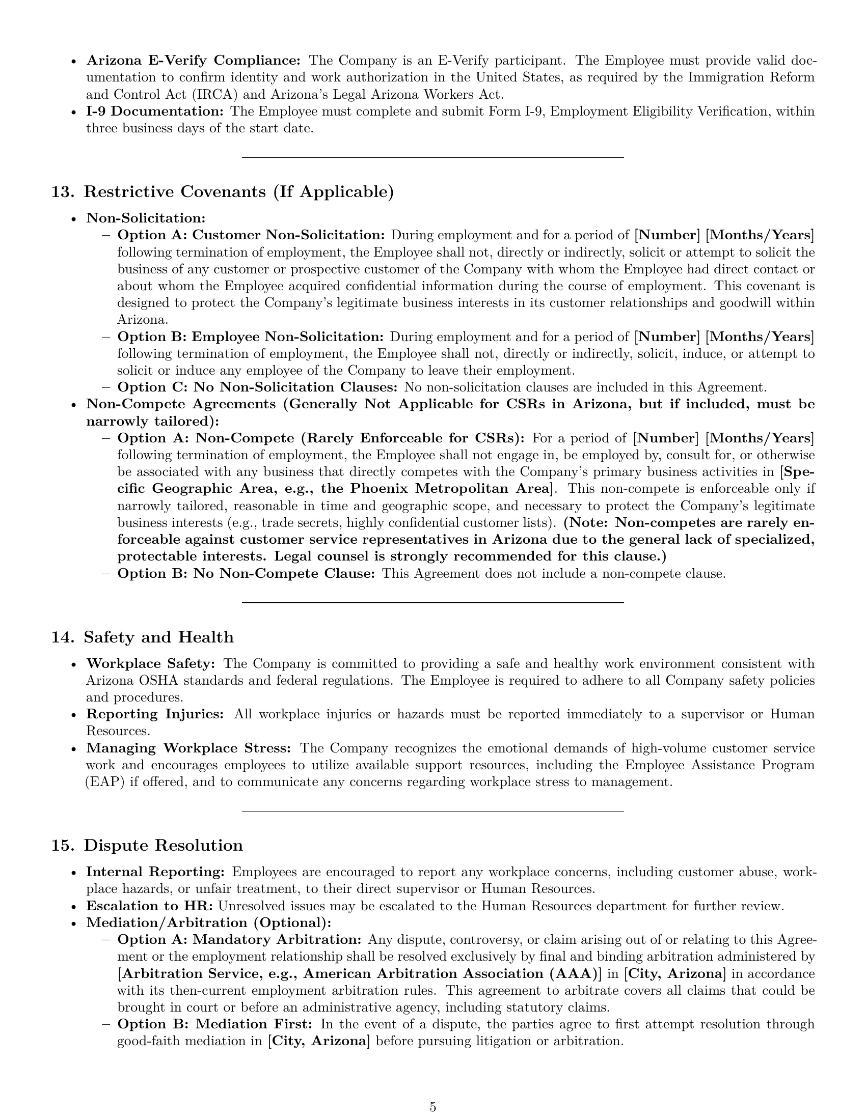 Preview page 5 of Pro Arizona customer service representative employment contract template