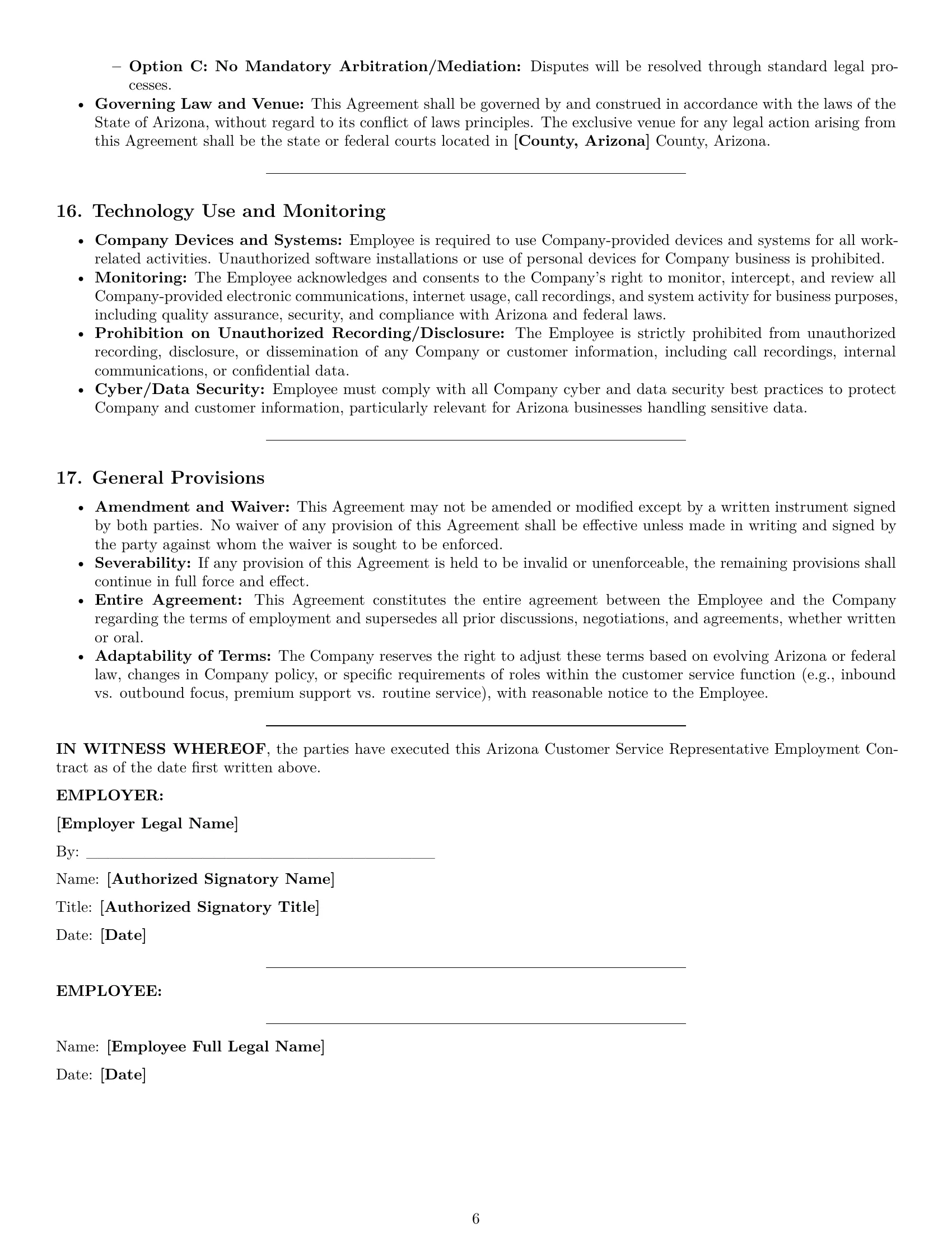 Preview page 6 of Pro Arizona customer service representative employment contract template