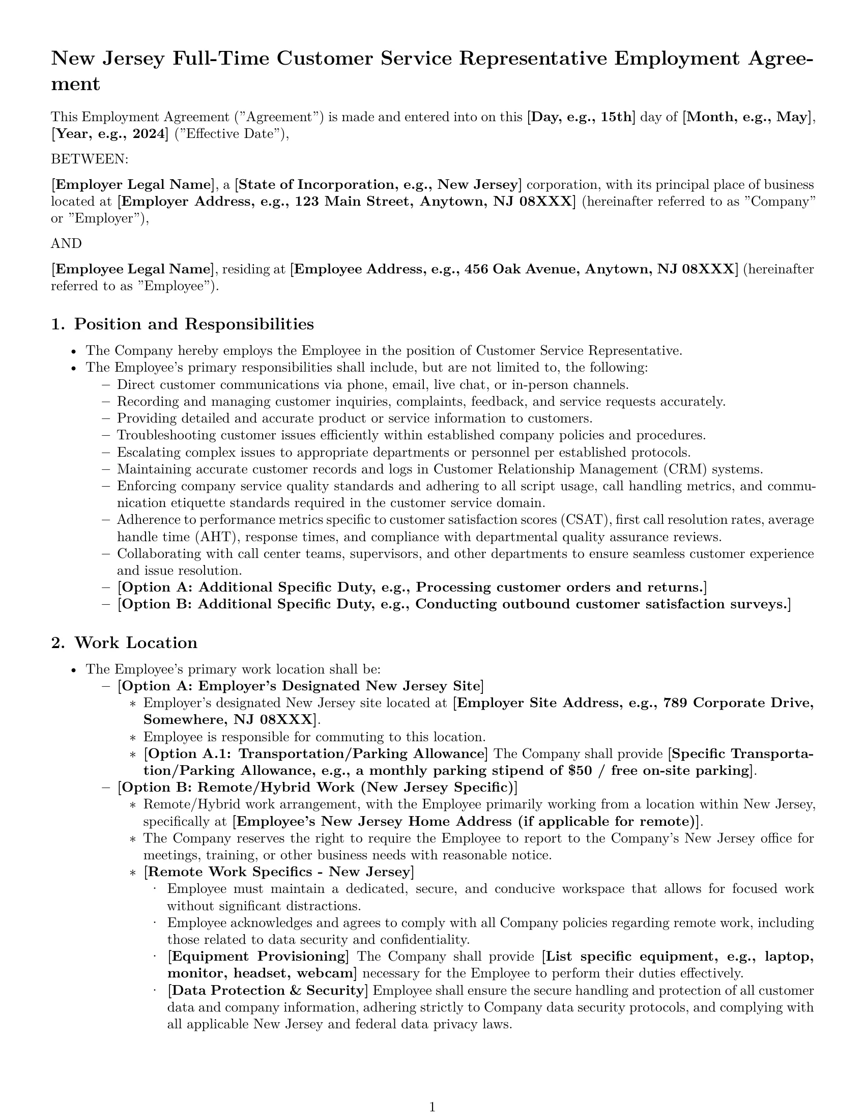 Preview page 1 of Pro New Jersey customer service representative employment contract template