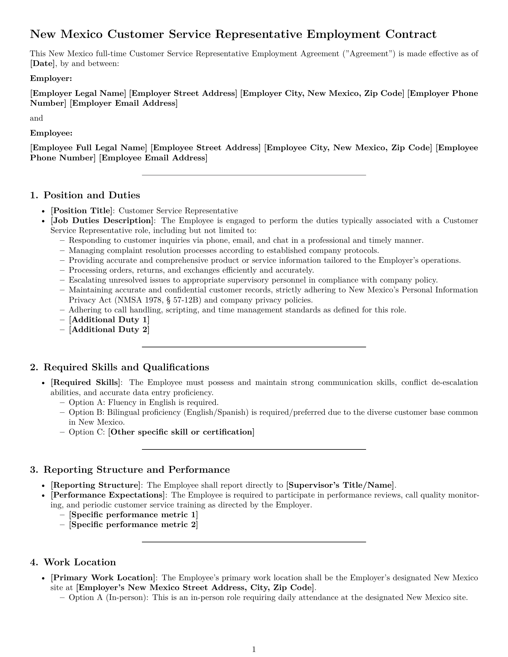Preview page 1 of Pro New Mexico customer service representative employment contract template