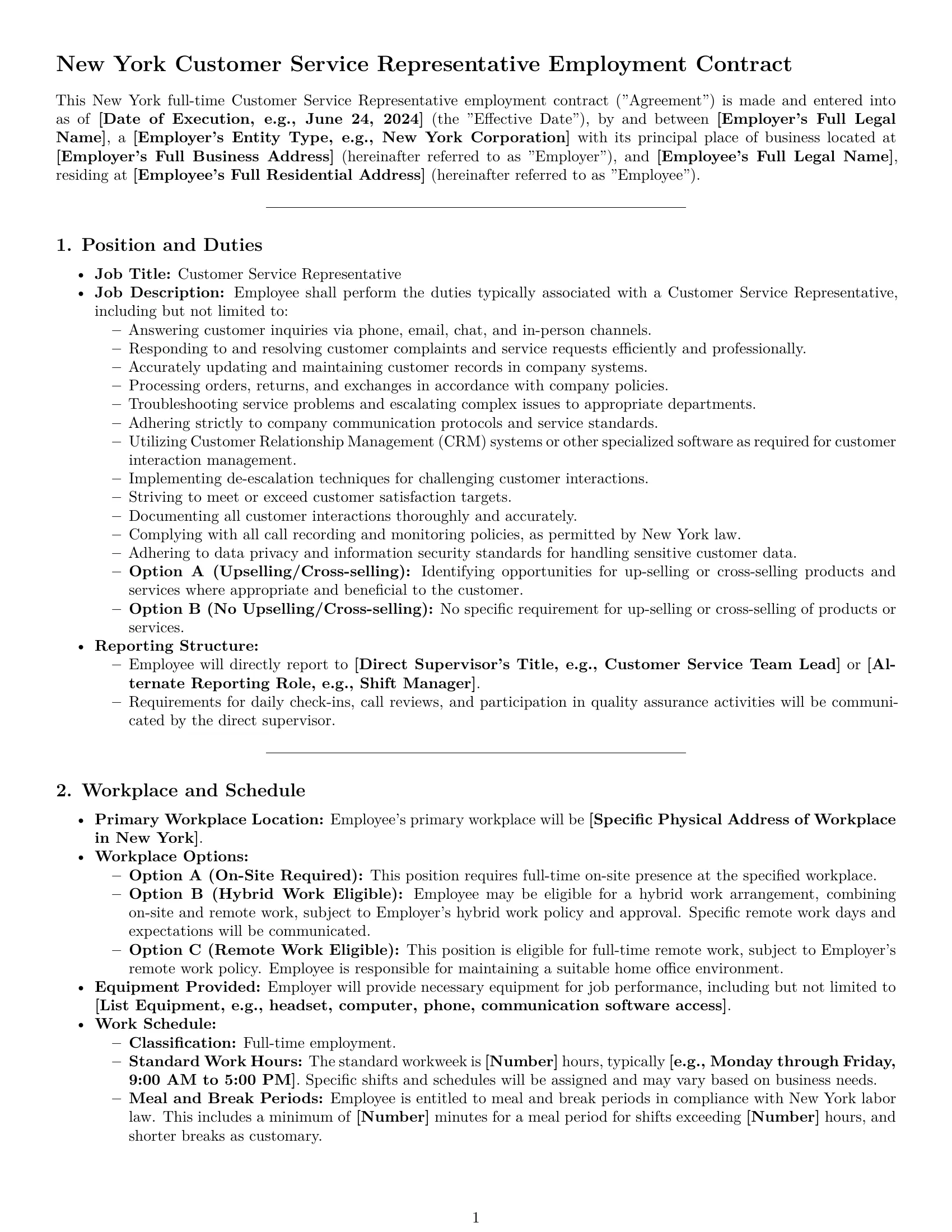 Preview page 1 of Pro New York customer service representative employment contract template