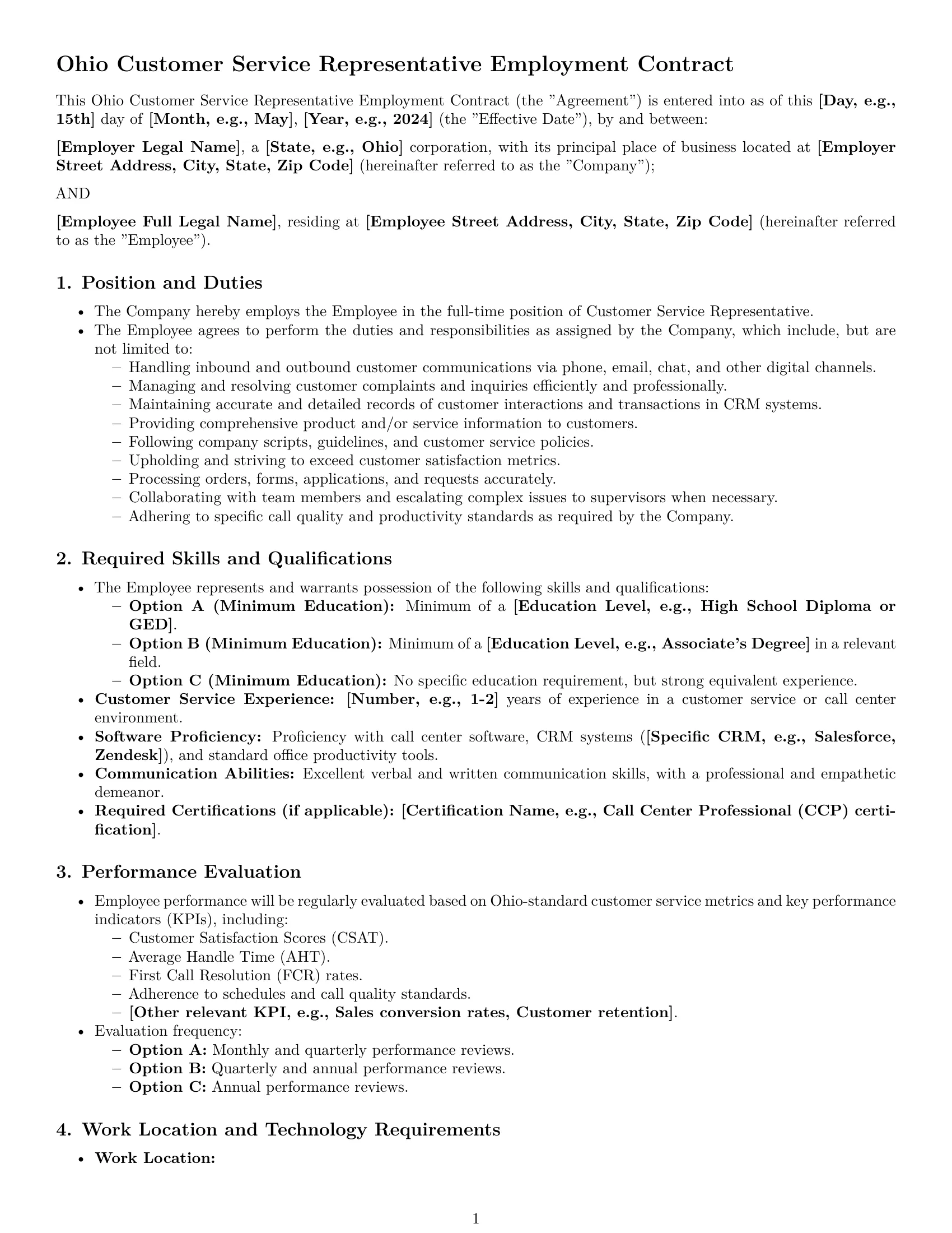 Preview page 1 of Pro Ohio customer service representative employment contract template