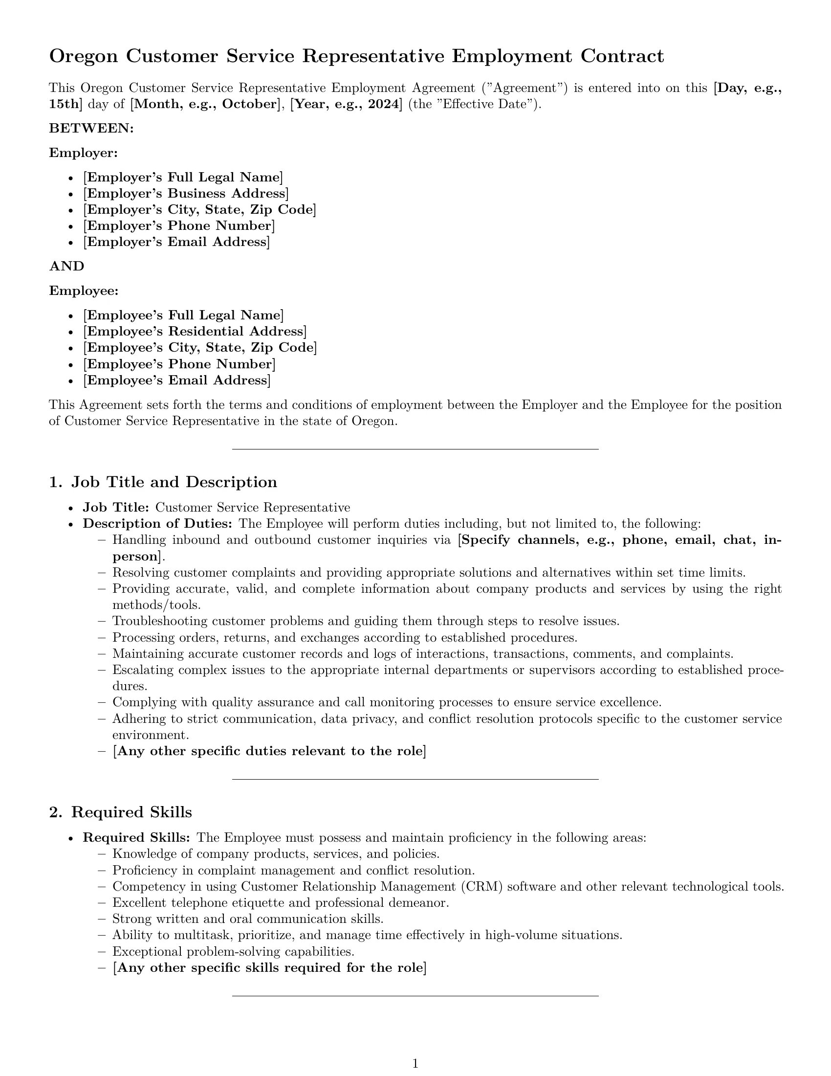 Preview page 1 of Pro Oregon customer service representative employment contract template