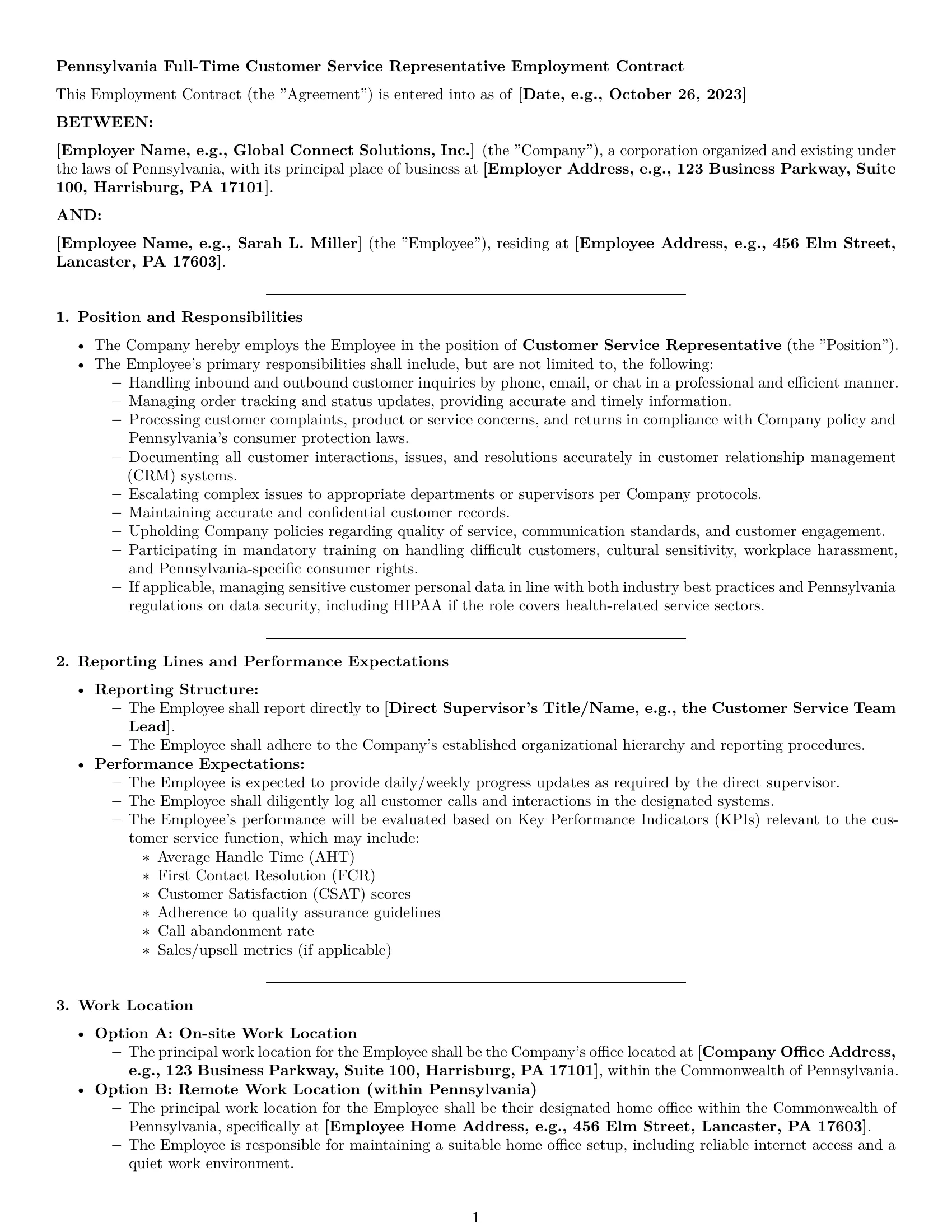 Preview page 1 of Pro Pennsylvania customer service representative employment contract template